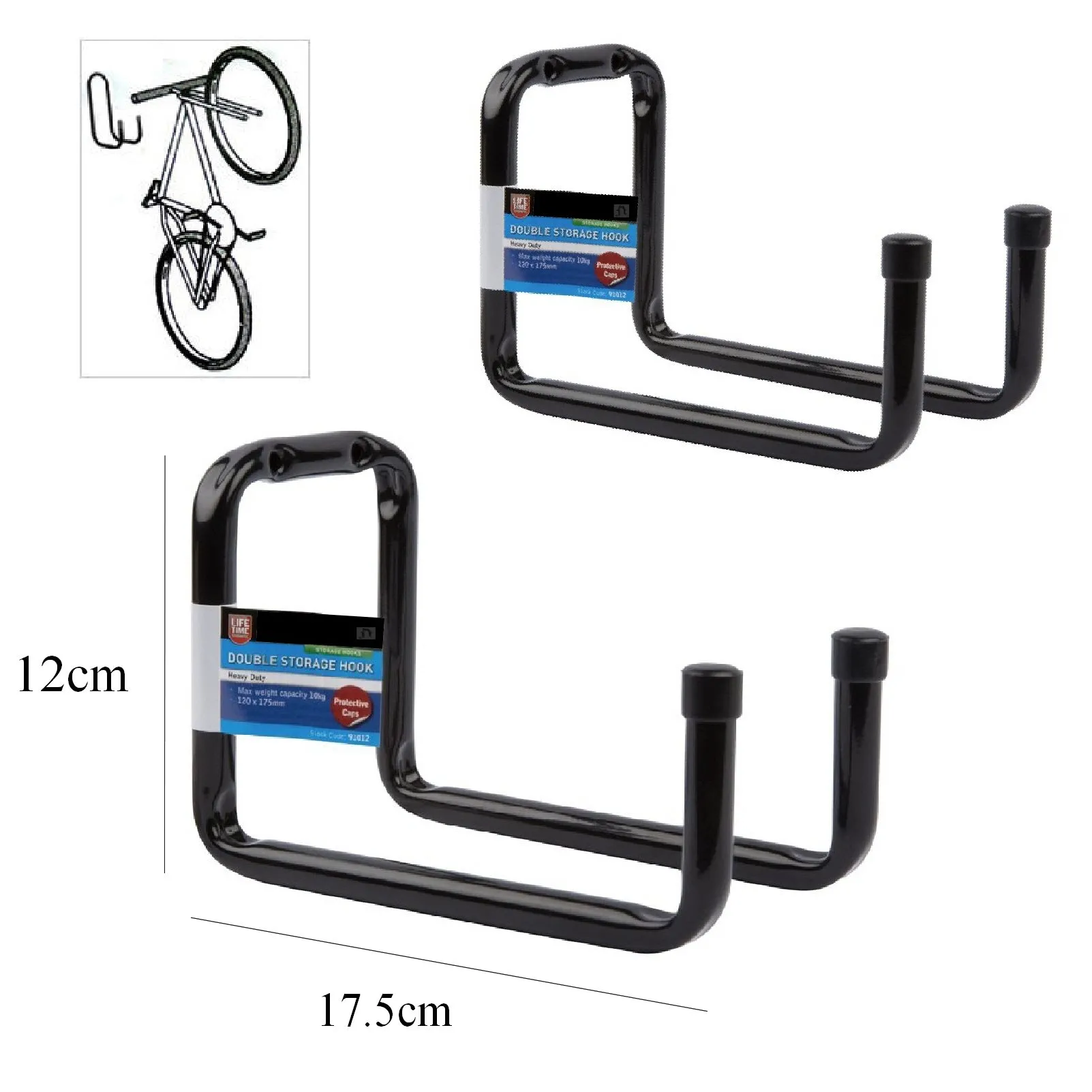 2 x 175mm Heavy Duty Double Bike Storage Hooks Wall Mounted