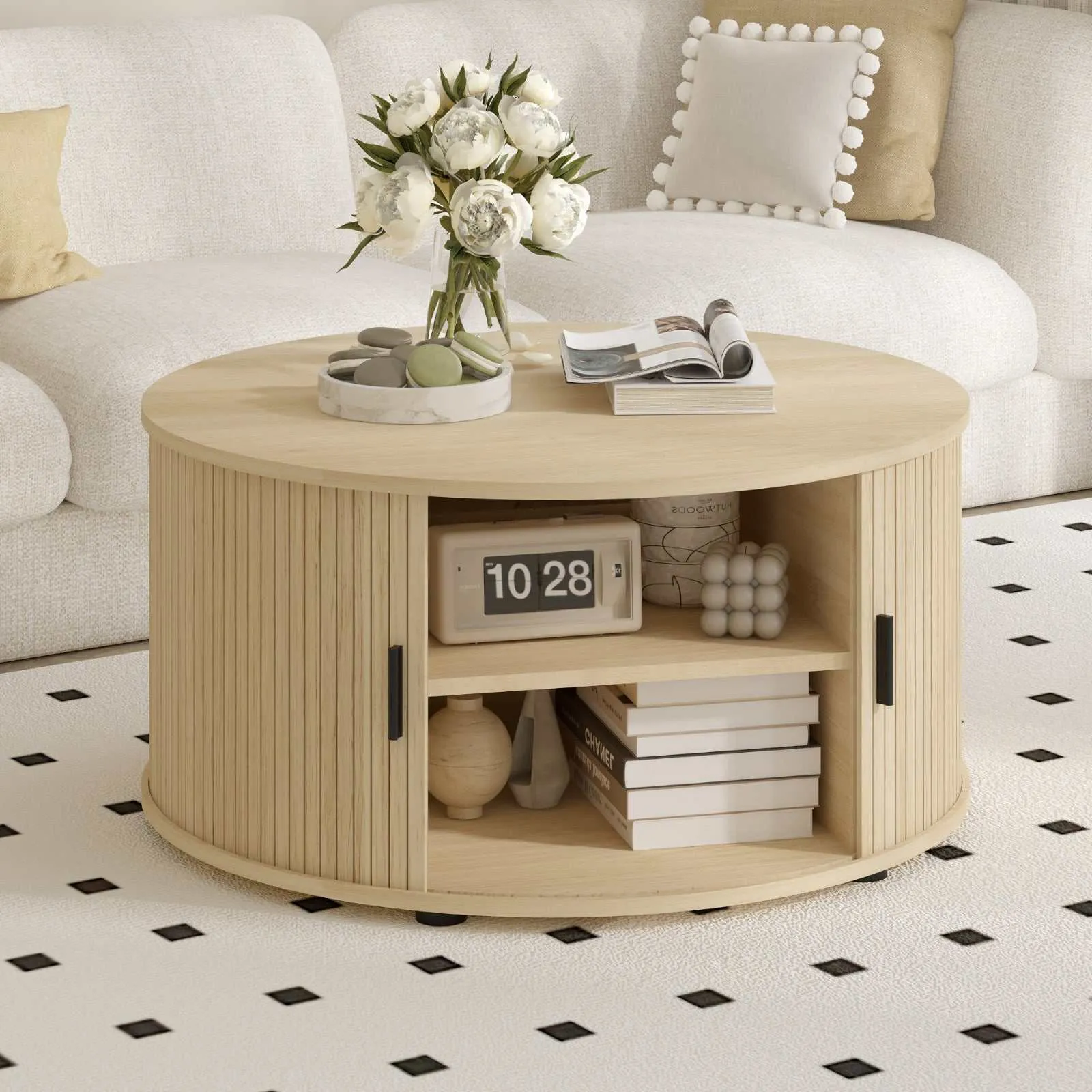 80CM Round Coffee Table: Fluted Design & Sliding Tambour Door - Ideal End Table