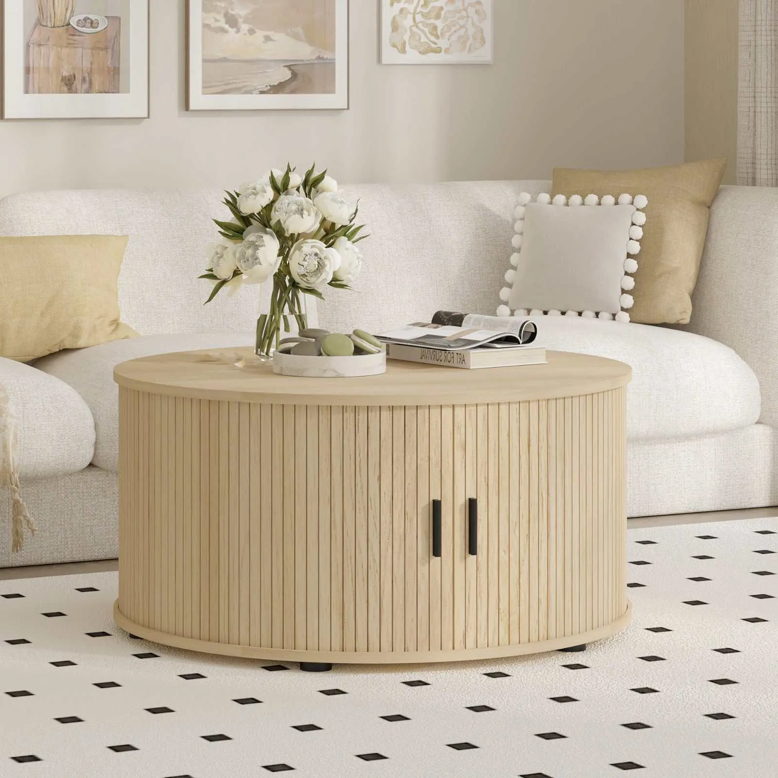 80CM Round Coffee Table: Fluted Design & Sliding Tambour Door - Ideal End Table