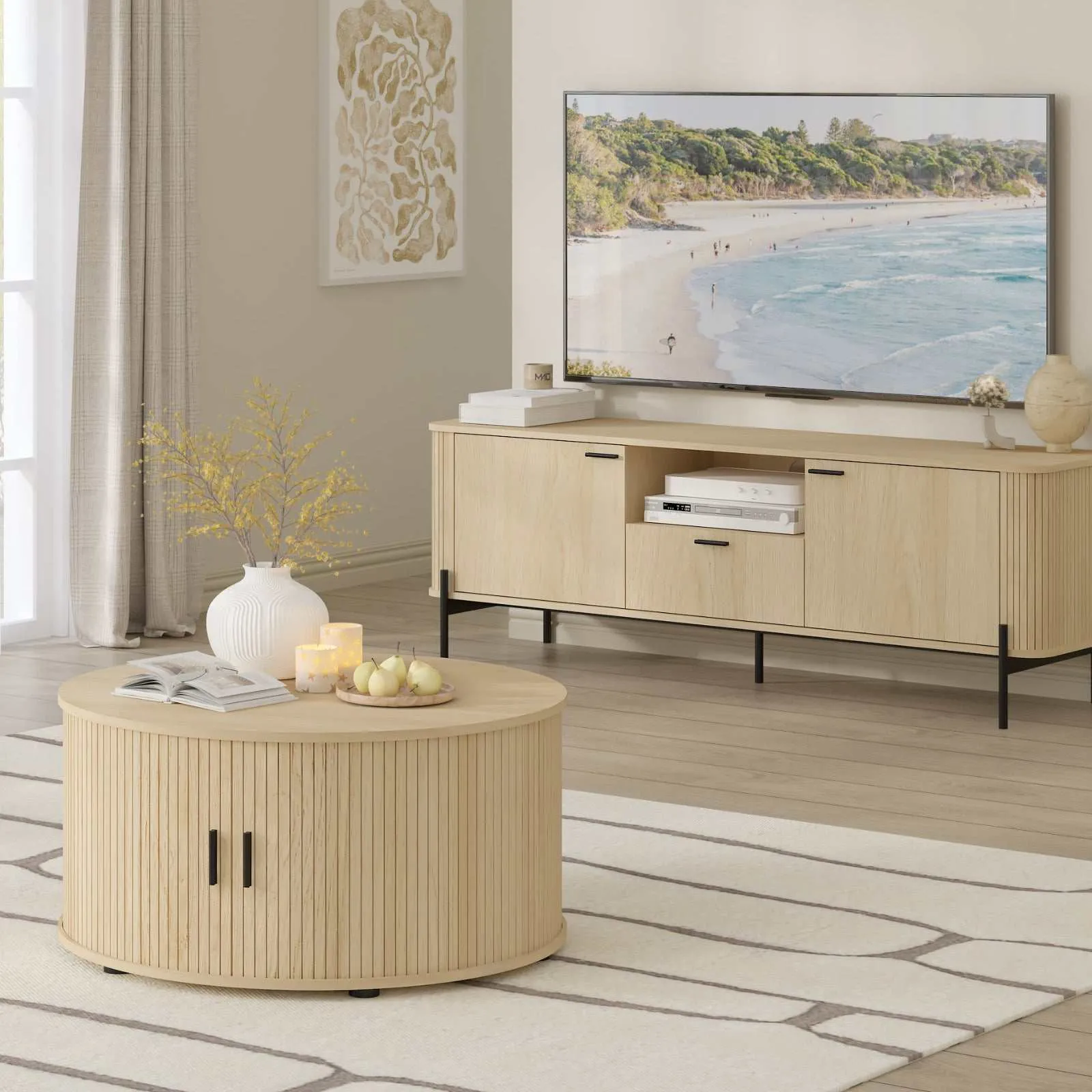 80CM Round Coffee Table: Fluted Design & Sliding Tambour Door - Ideal End Table