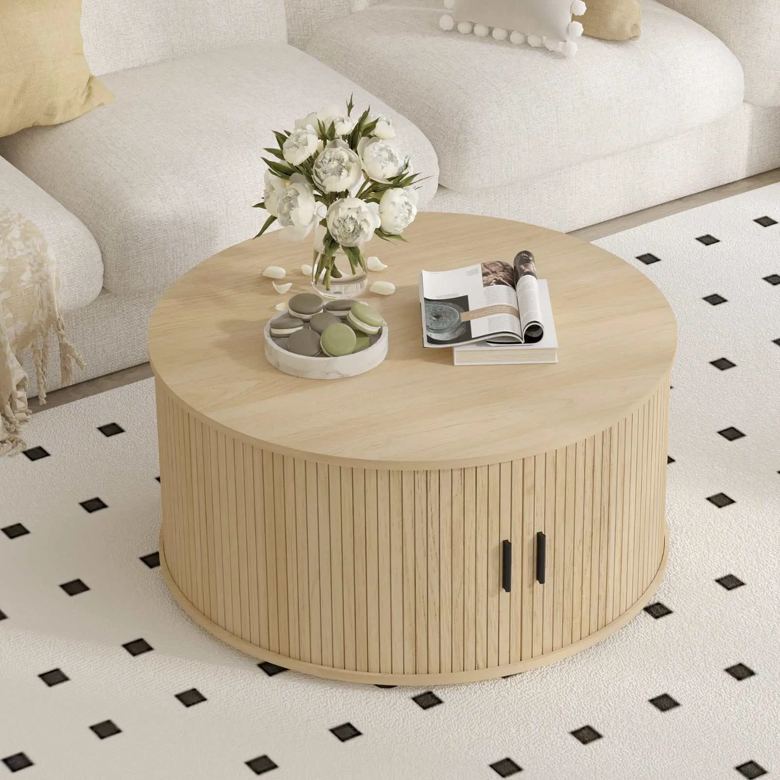 80CM Round Coffee Table: Fluted Design & Sliding Tambour Door - Ideal End Table