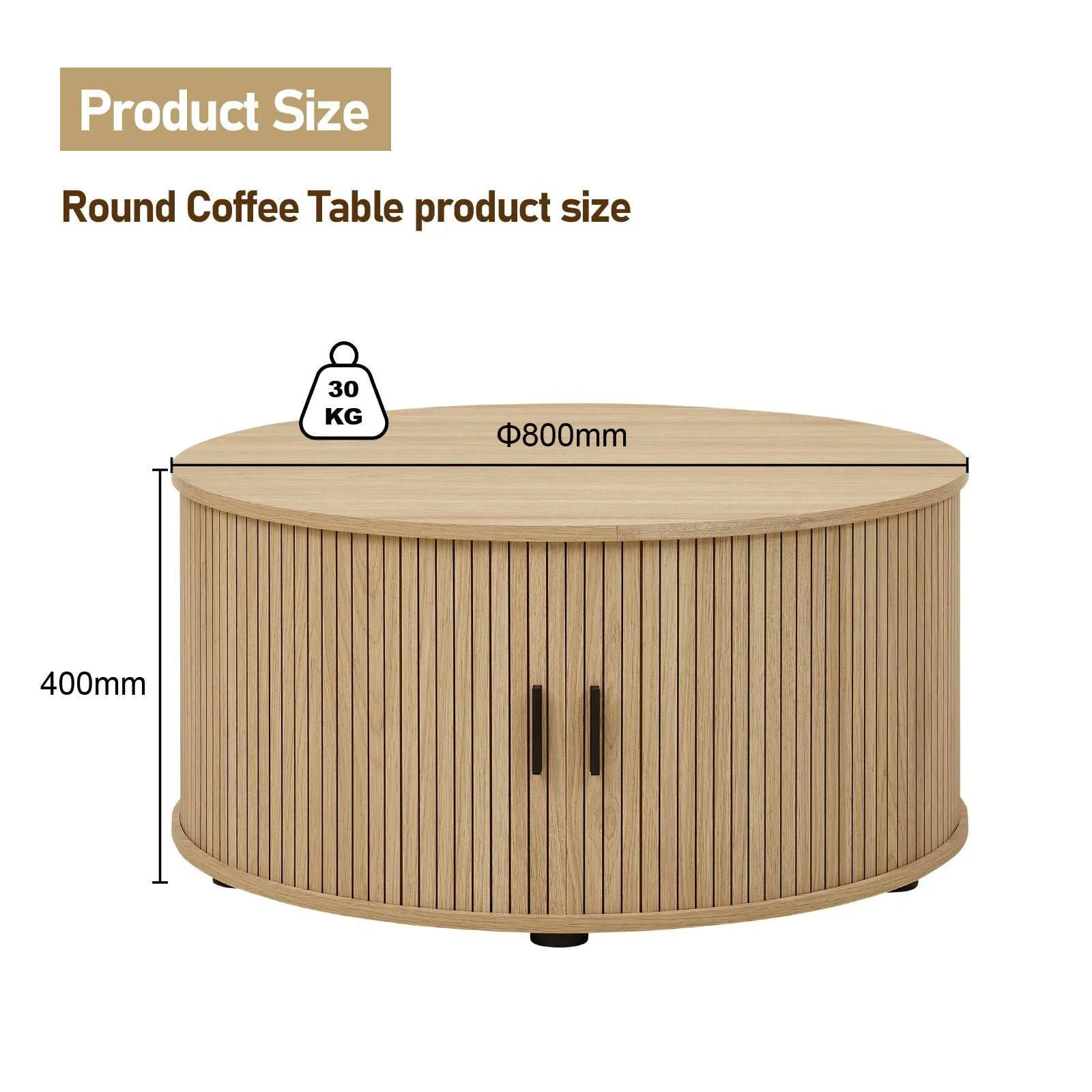 80CM Round Coffee Table: Fluted Design & Sliding Tambour Door - Ideal End Table