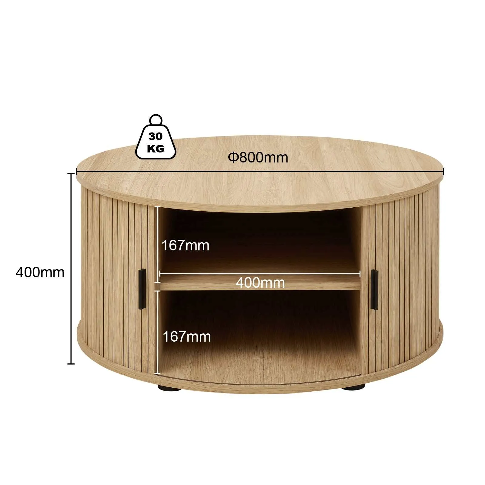 80CM Round Coffee Table: Fluted Design & Sliding Tambour Door - Ideal End Table