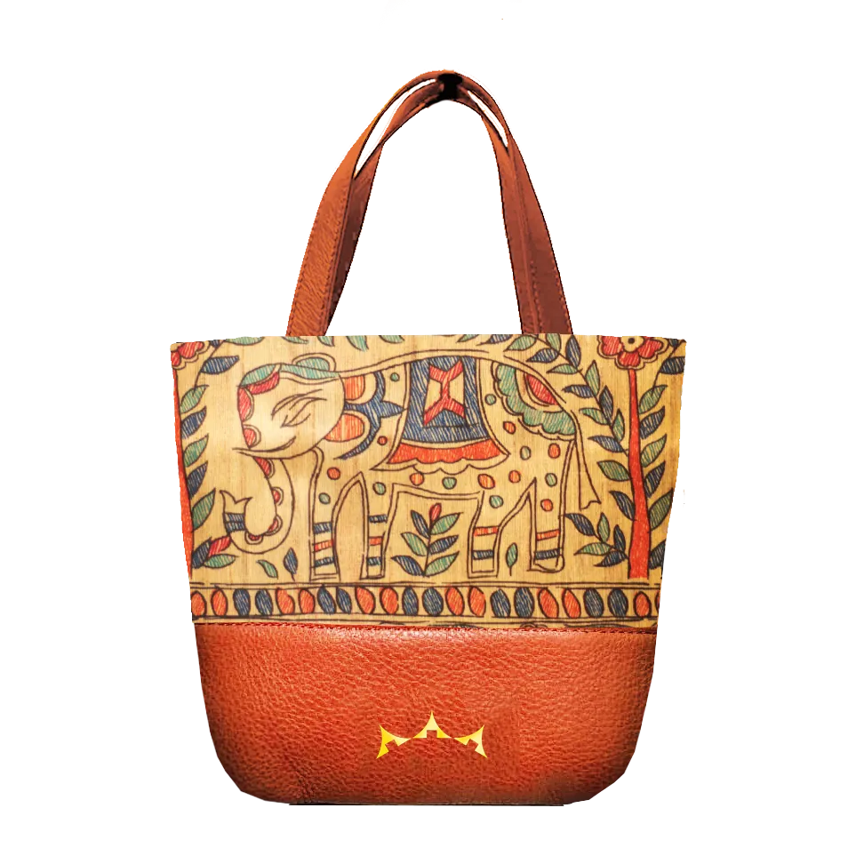 Airavat Madhubani Mini Tote with Sling - Tan Brown