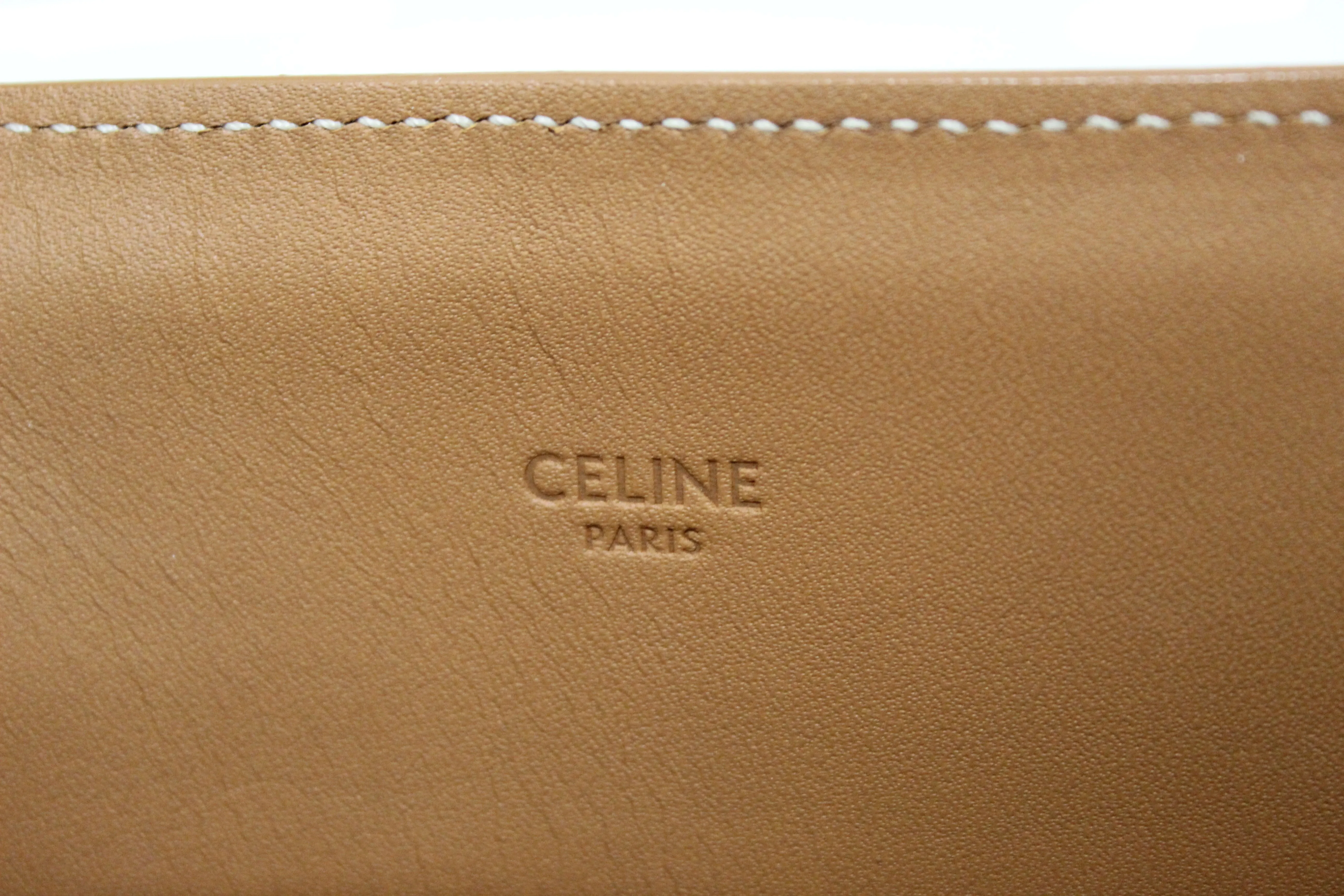 Authentic Celine Beige Canvas with Brown Calfskin Logo Print Small Vertical Cabas