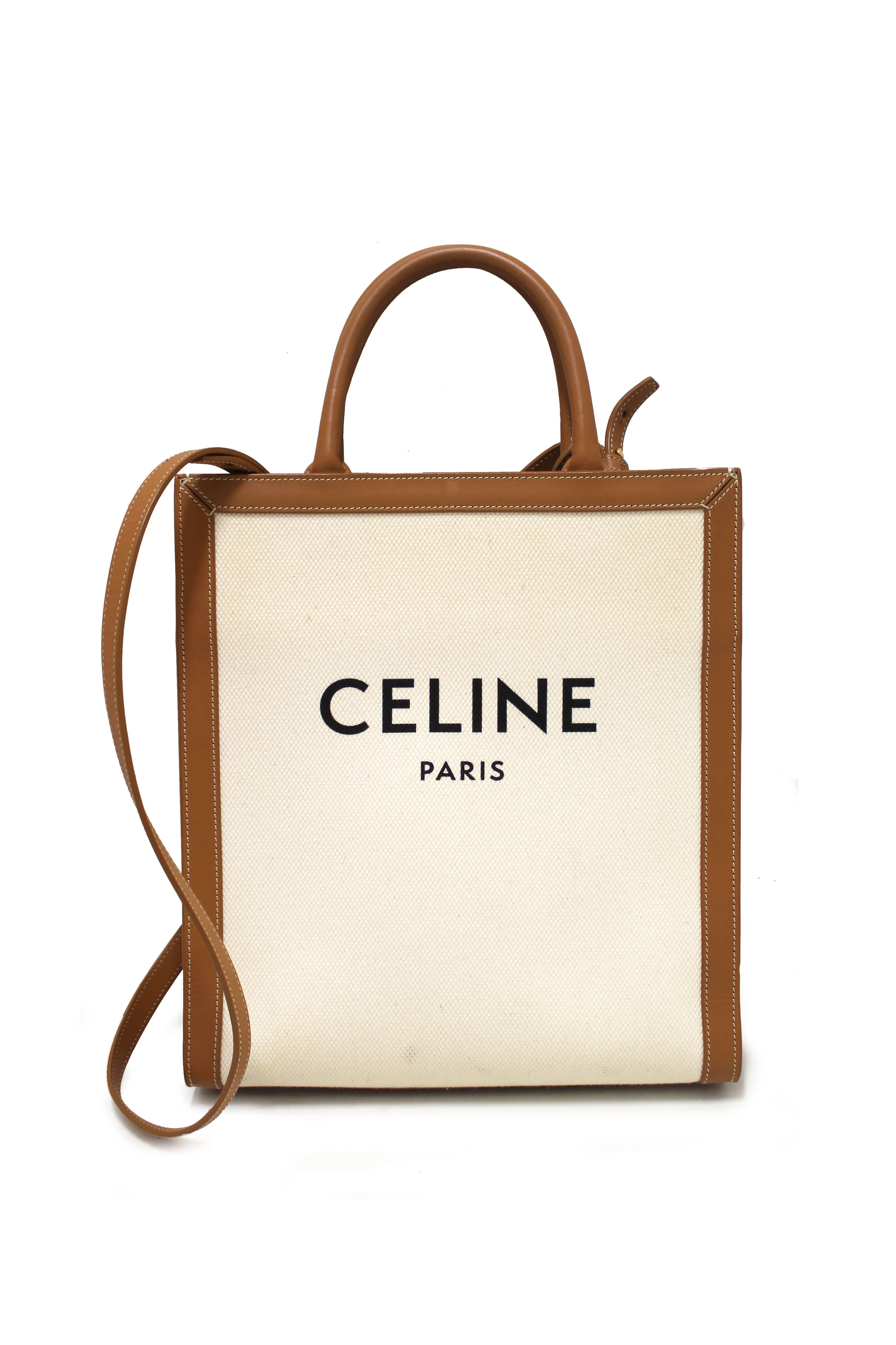 Authentic Celine Beige Canvas with Brown Calfskin Logo Print Small Vertical Cabas