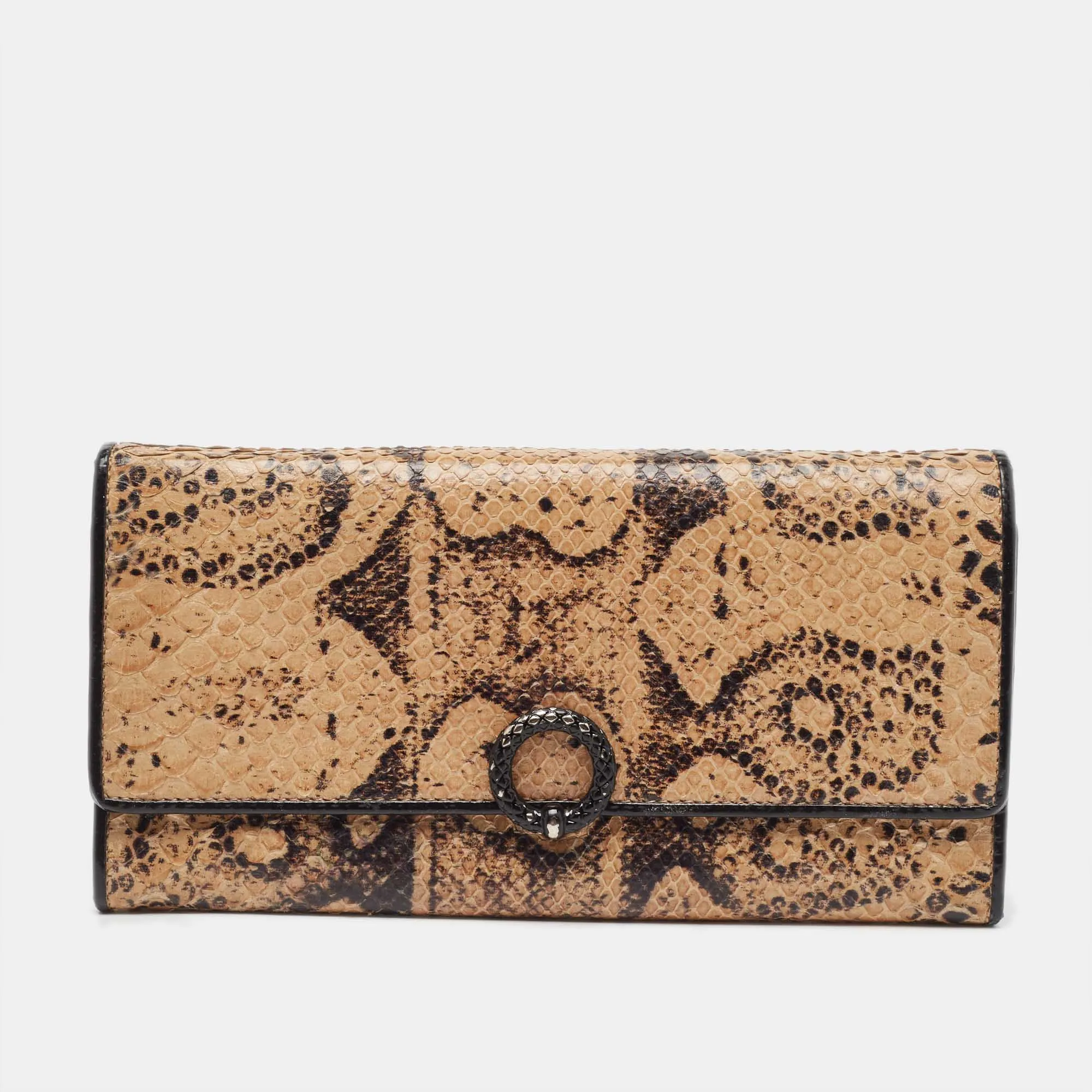 Beige/Black Python Clasp Flap Continental Wallet