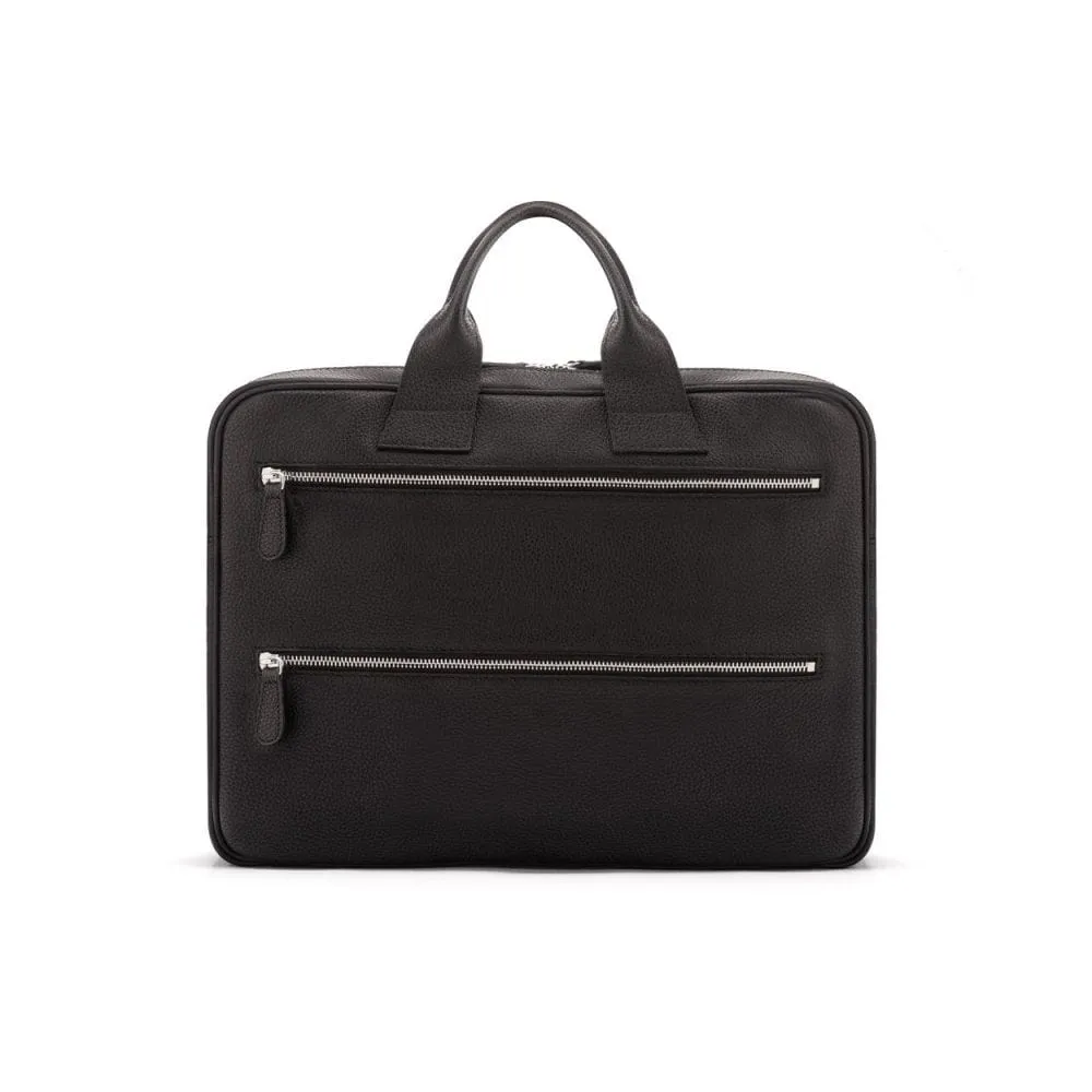 Belmont Leather 15" Laptop Briefcase - Black With Silver Zips