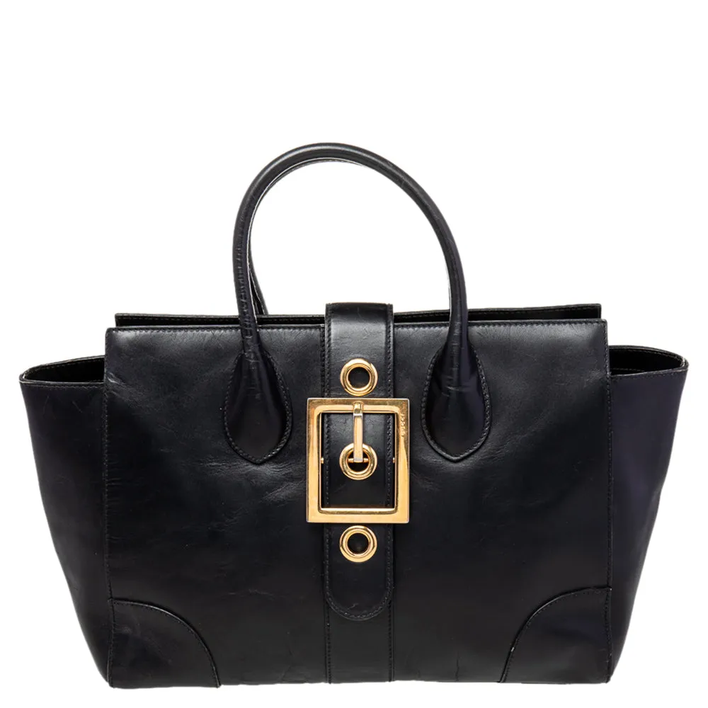 Black Leather Lady Buckle Tote