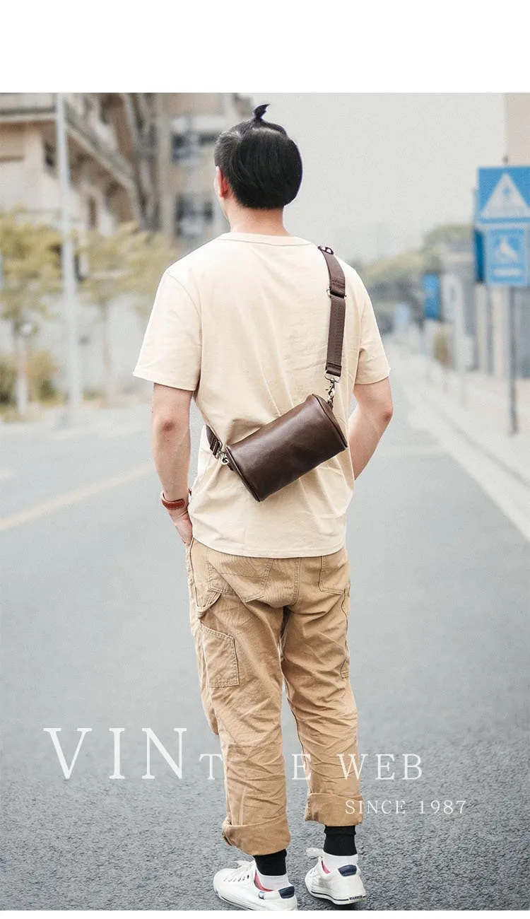 Black Leather Mens Small Casual Bucket Bag Barrel Messenger Bags Brown Postman Bag For Men