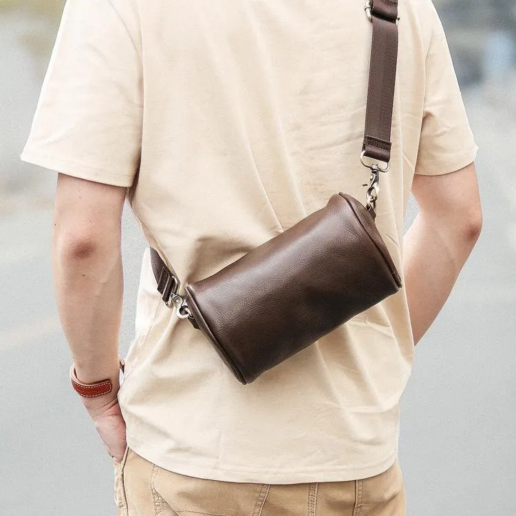 Black Leather Mens Small Casual Bucket Bag Barrel Messenger Bags Brown Postman Bag For Men