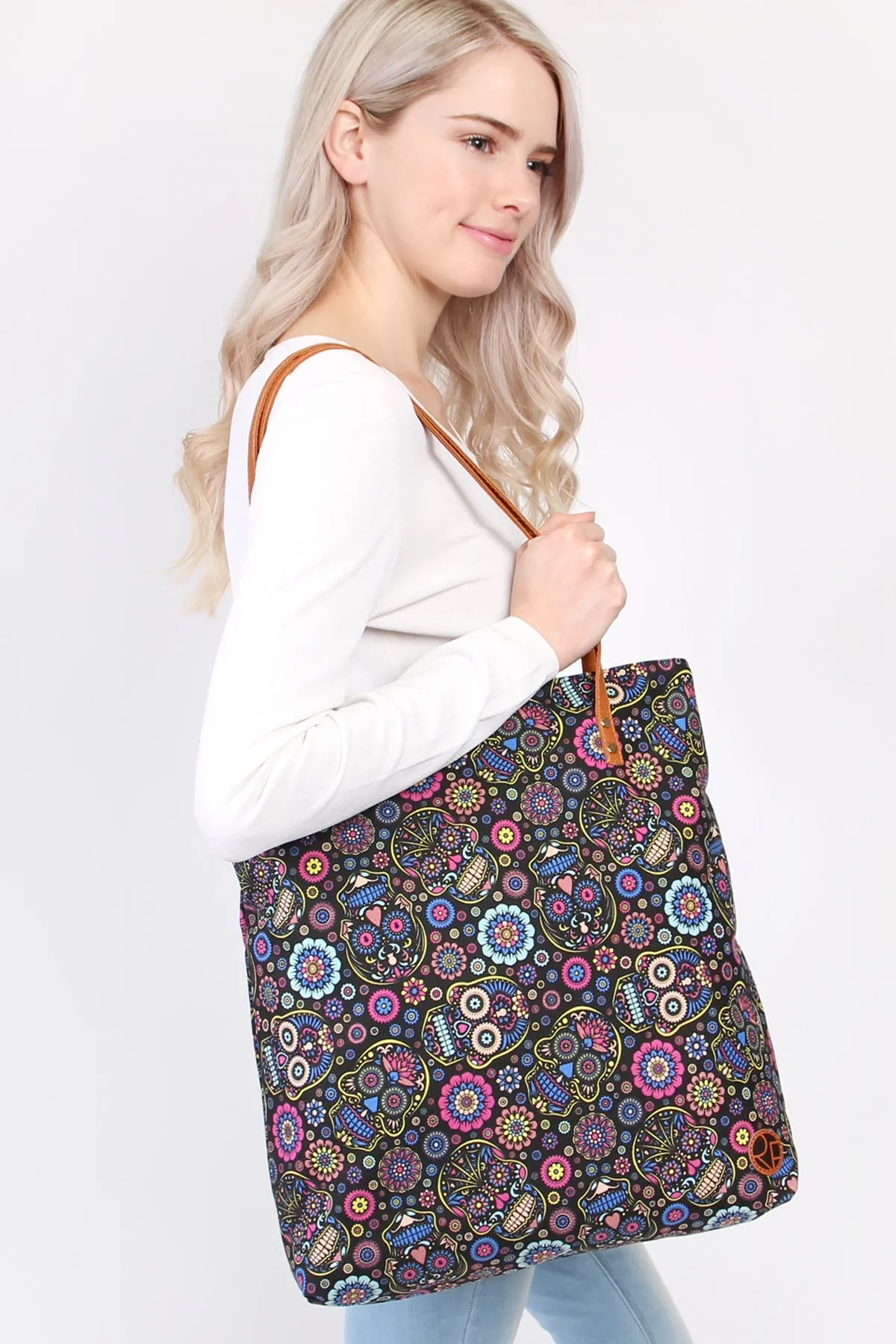 Black Skull Flower Print Tote Bag - Pack of 6