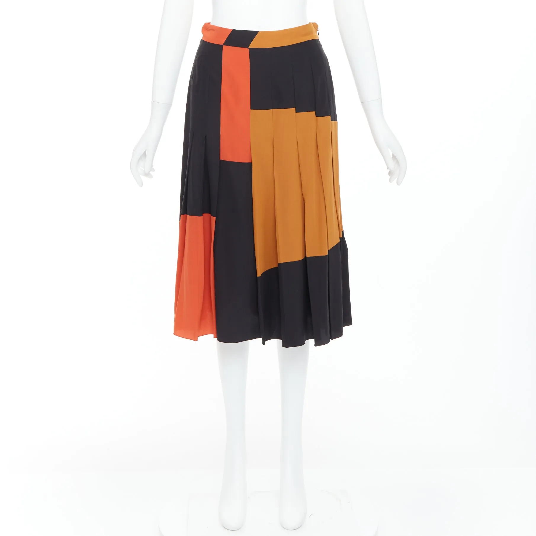 BOTTEGA VENETA 100% silk  black orange brown colorblock pleated skirt IT36 XXS