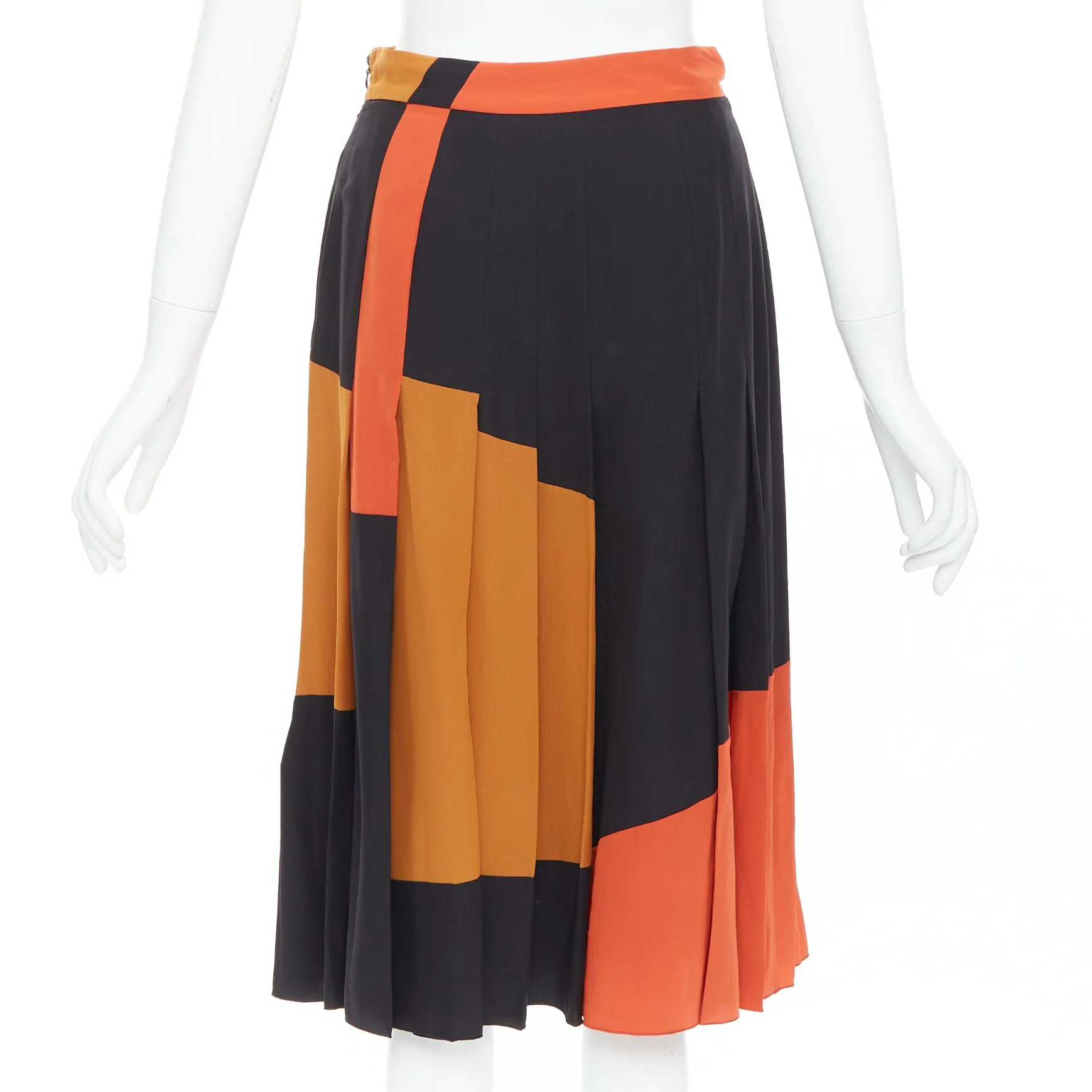 BOTTEGA VENETA 100% silk  black orange brown colorblock pleated skirt IT36 XXS