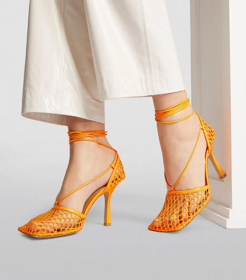 BOTTEGA VENETA LACE-UP LEATHER TRIMMED MESH SANDALS