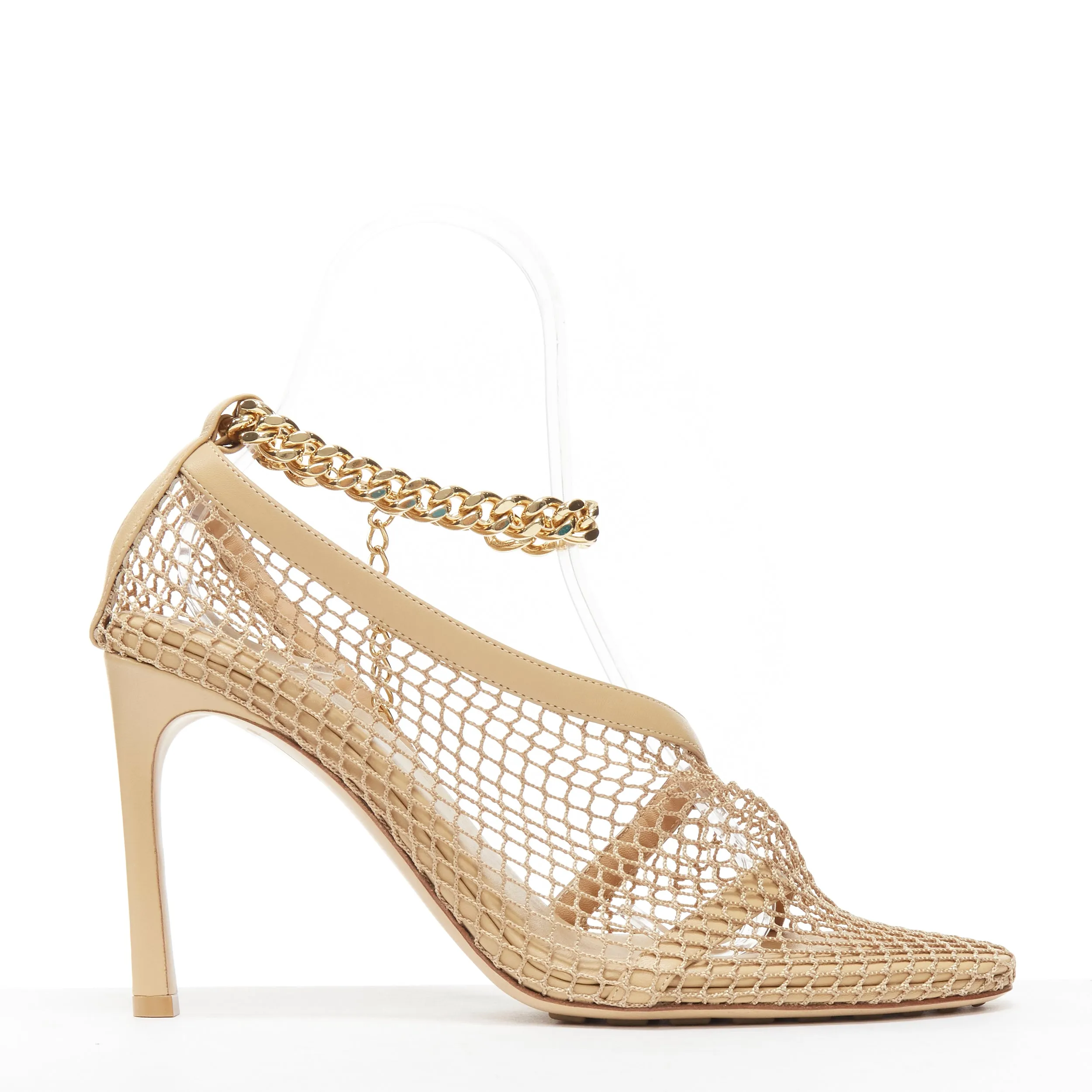 BOTTEGA VENETA Runway Daniel Lee beige fishnet gold chain high heel EU39.5