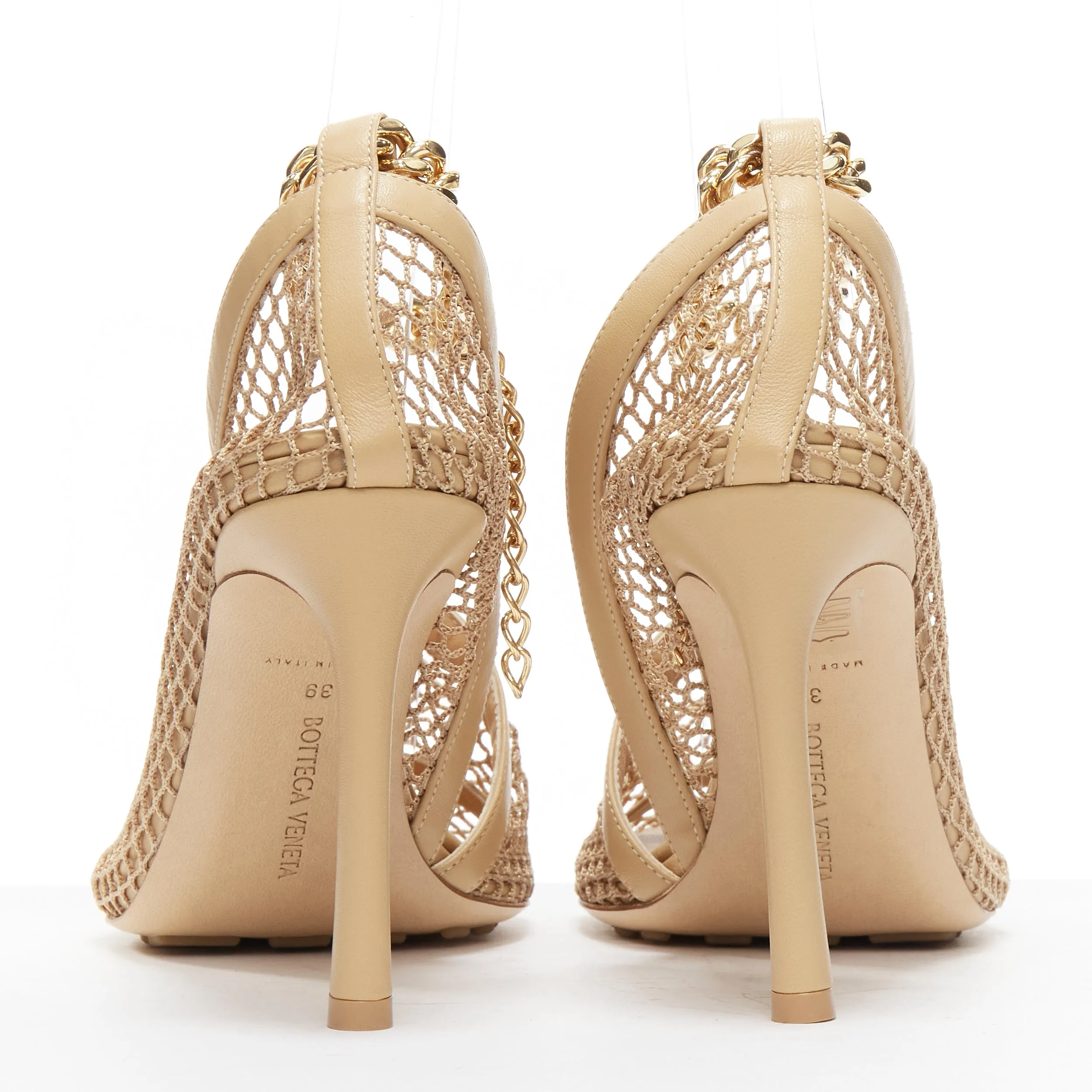 BOTTEGA VENETA Runway Daniel Lee beige fishnet gold chain high heel EU39.5