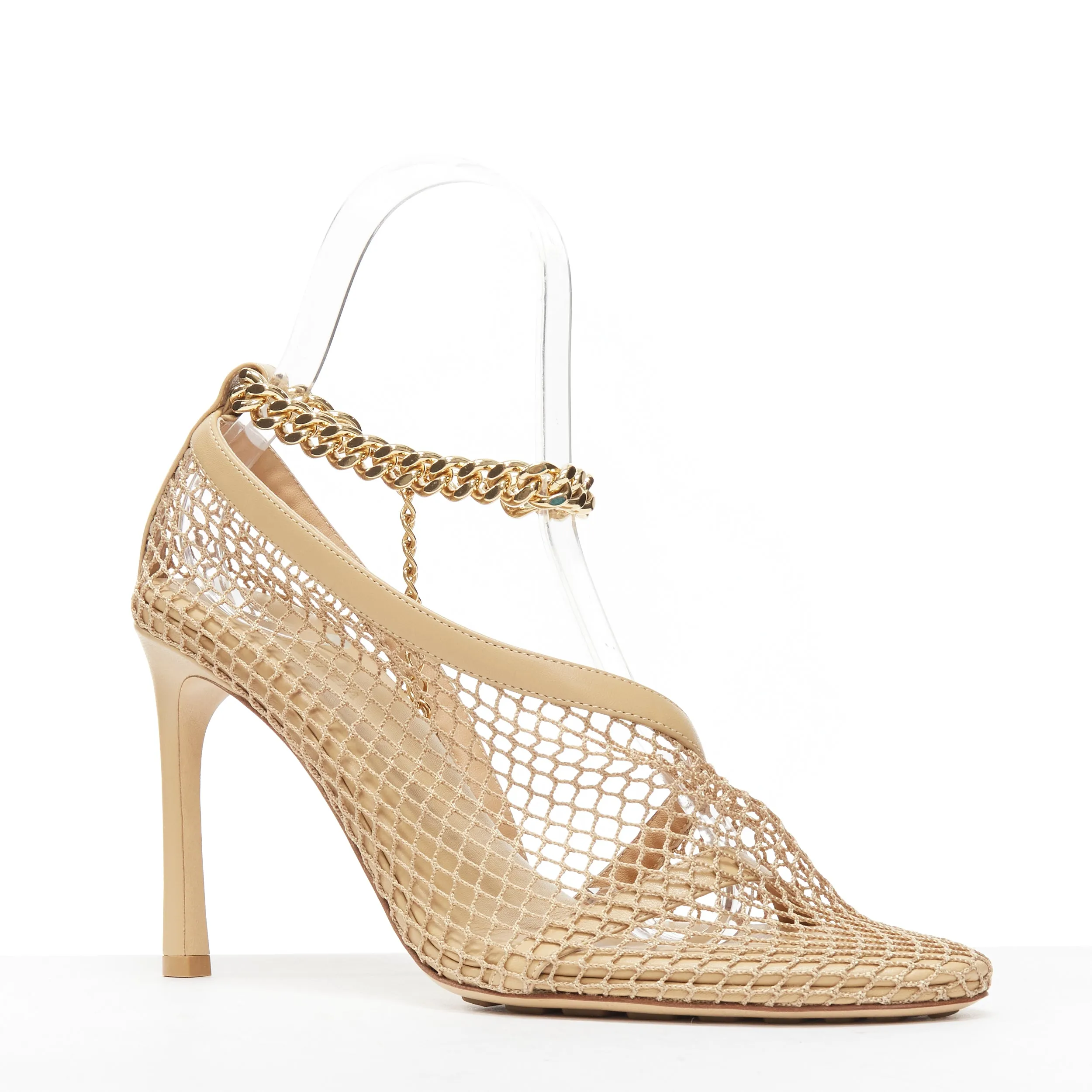 BOTTEGA VENETA Runway Daniel Lee beige fishnet gold chain high heel EU39.5