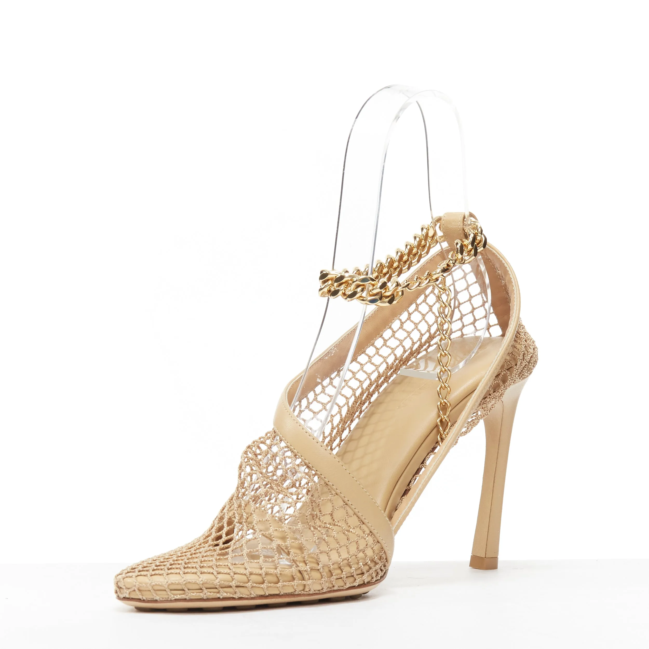 BOTTEGA VENETA Runway Daniel Lee beige fishnet gold chain high heel EU39.5