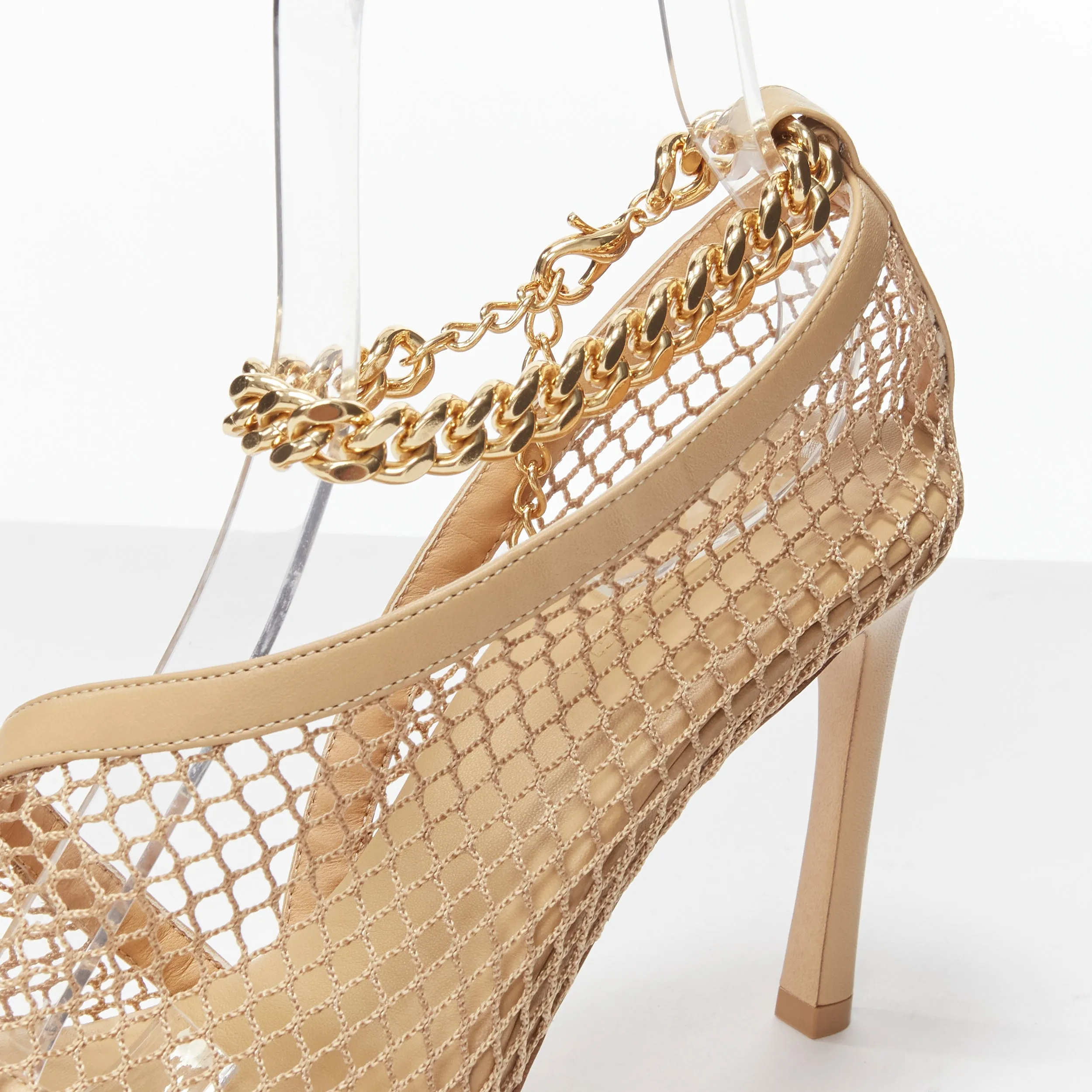 BOTTEGA VENETA Runway Daniel Lee beige fishnet gold chain high heel EU39.5