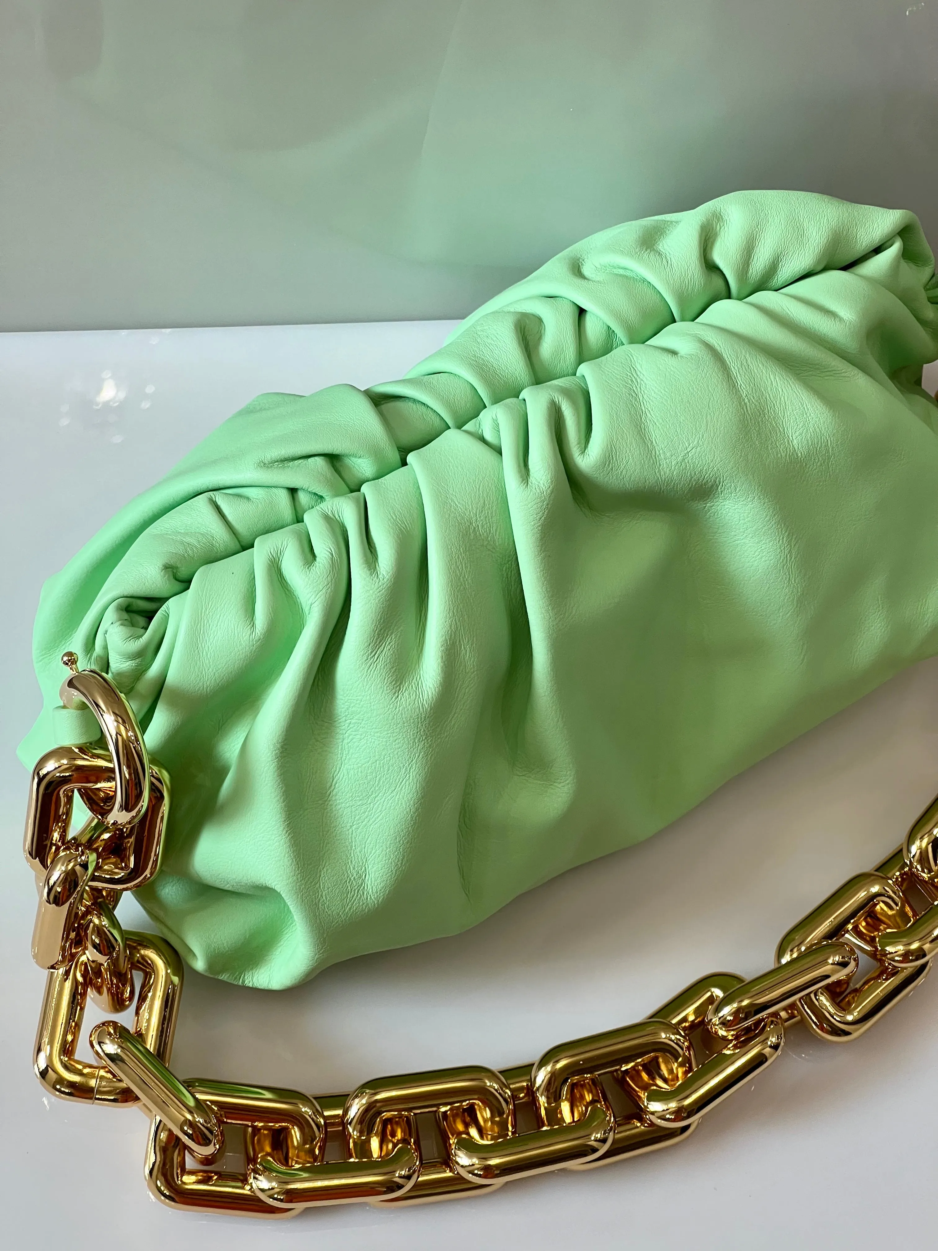 BOTTEGA VENETA TEEN CHAIN SHOULDER BAG IN WASABI GOLD