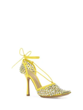 BOTTEGA VENETA Womens Yellow Tie Ankle Strap Embellished Square Toe Stiletto Slip On Leather Pumps Shoes