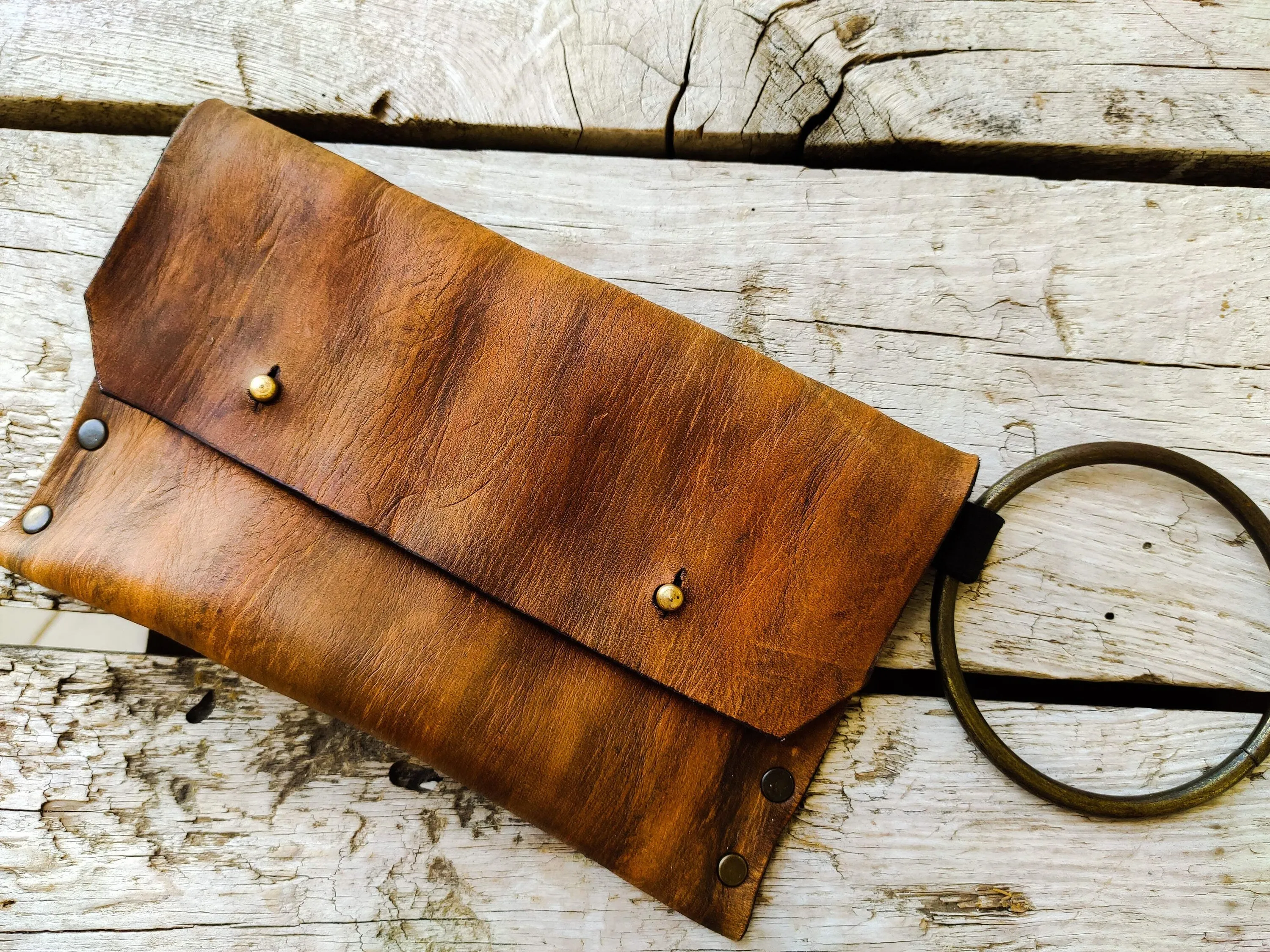 Brown Leather Bag with Bronze Ring - Tabaco Phone Wallet - Perfect for Daily Use