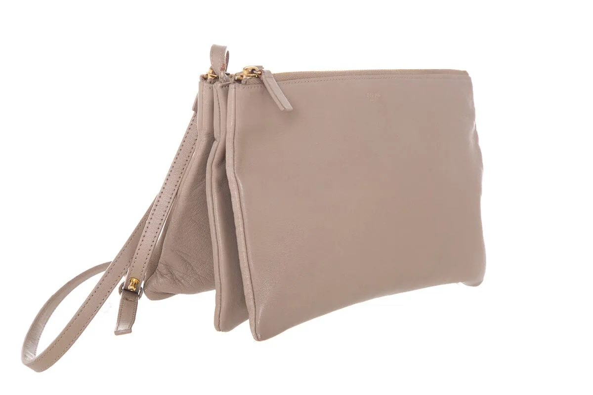 Celine Lambskin Taupe Tri Pouch Cross-Body