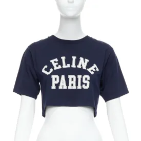 CELINE navy white big varsity Paris logo boxy crew neck crop tshirt XS