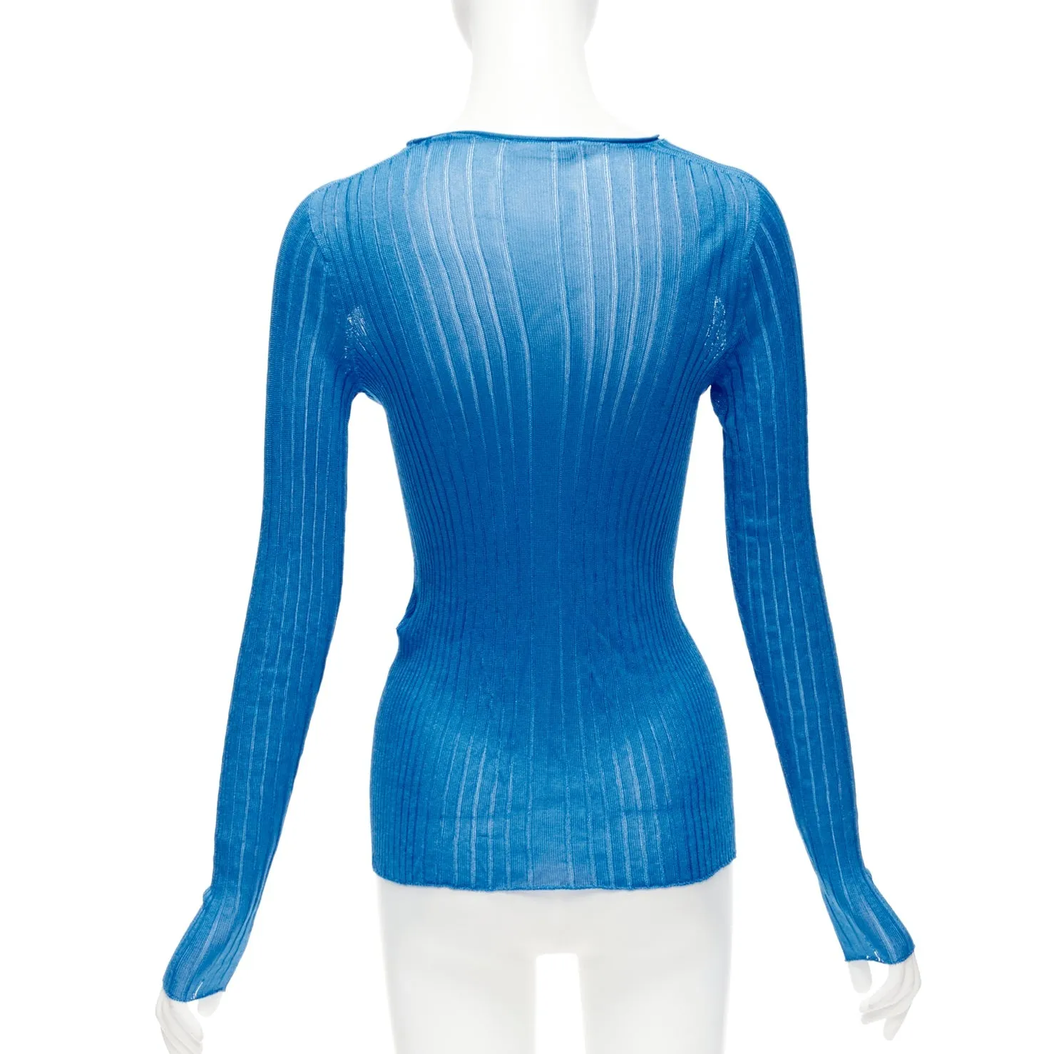 CELINE Phoebe Philo blue semi sheer viscose bateau neck ribbed sweater L