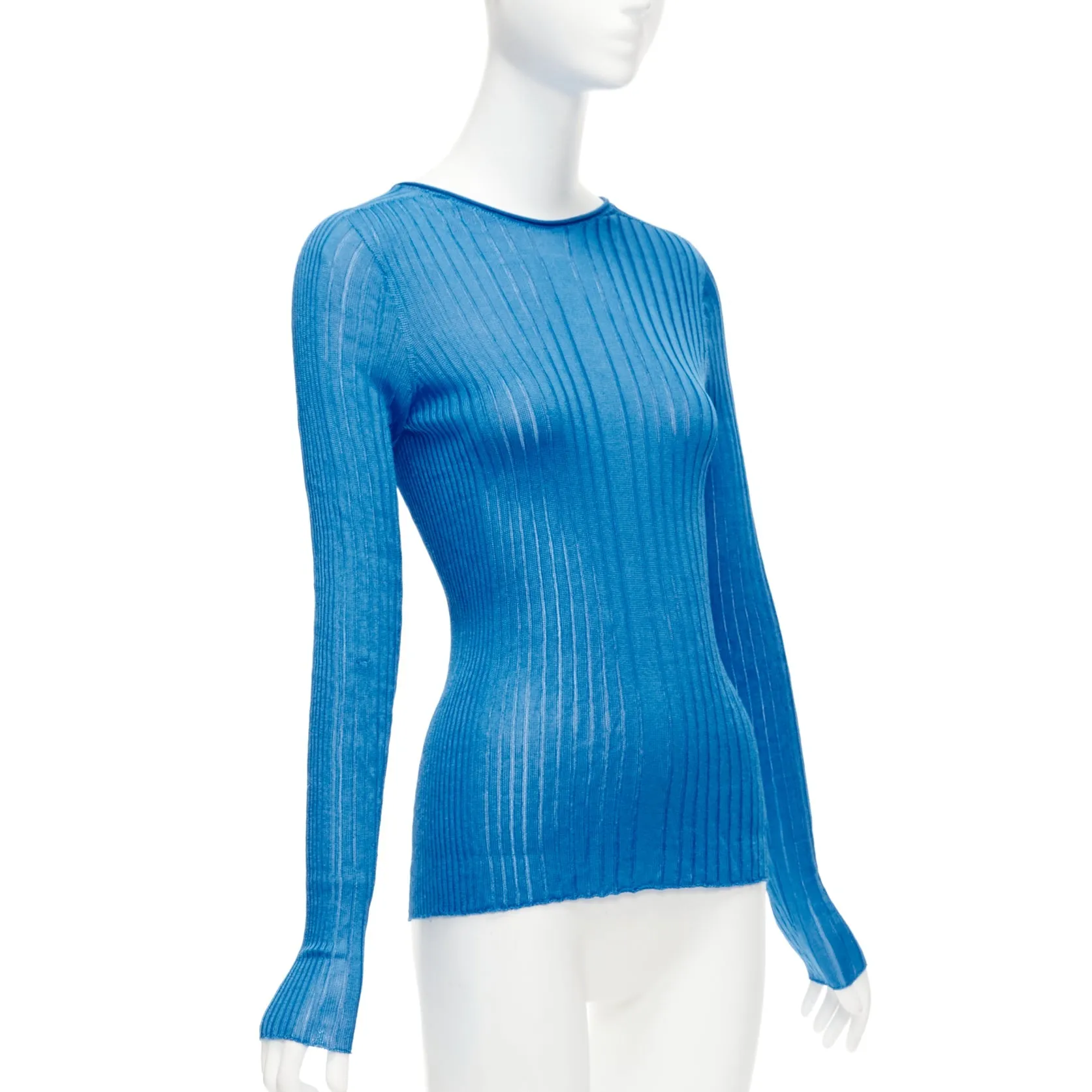 CELINE Phoebe Philo blue semi sheer viscose bateau neck ribbed sweater L