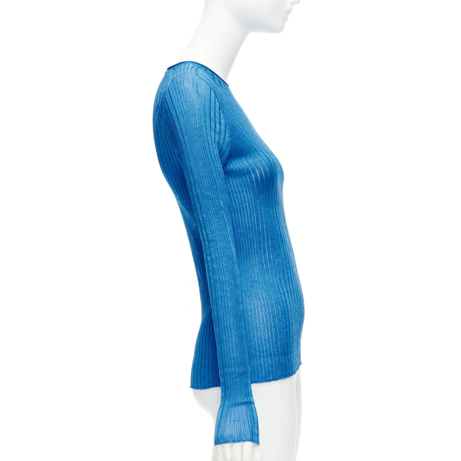 CELINE Phoebe Philo blue semi sheer viscose bateau neck ribbed sweater L