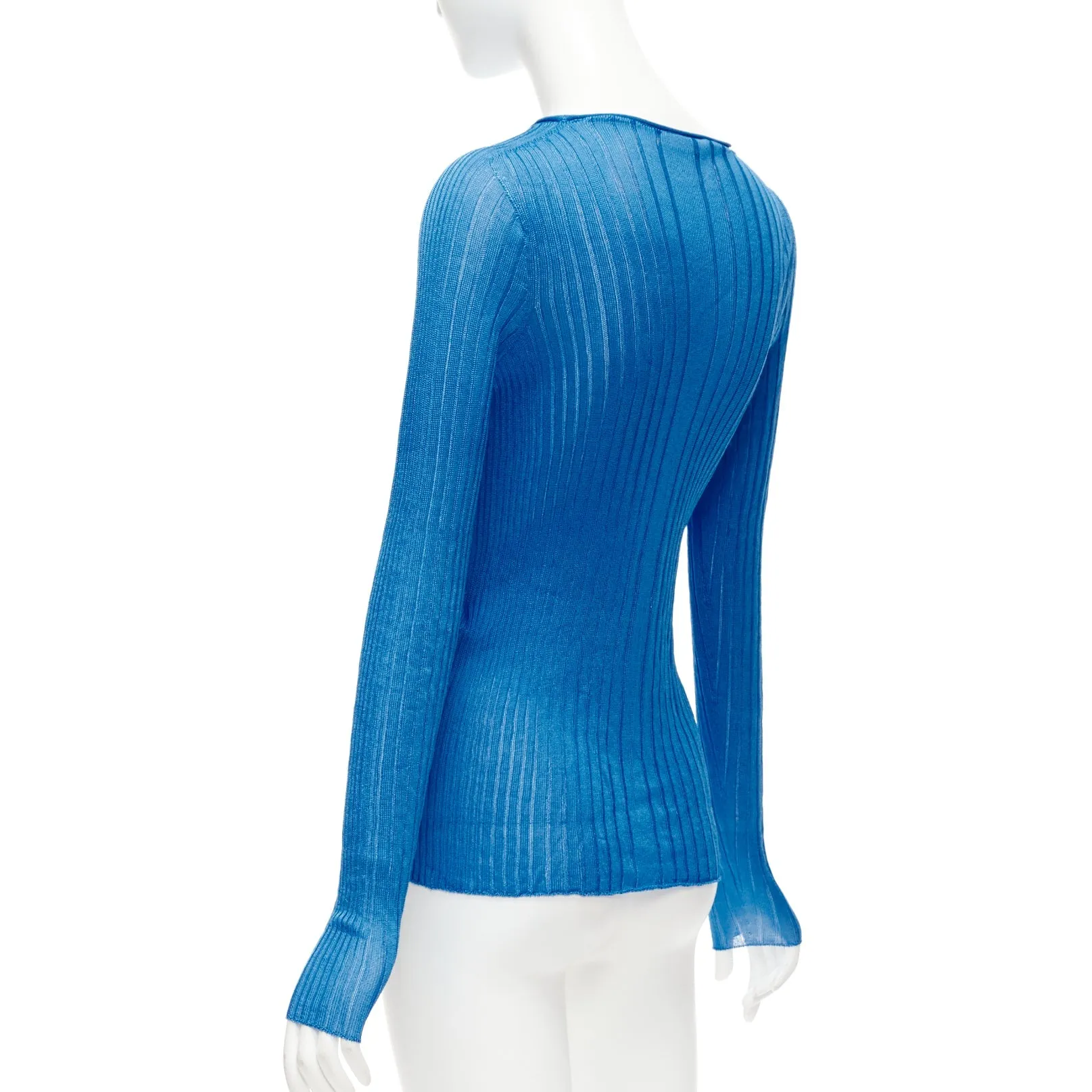 CELINE Phoebe Philo blue semi sheer viscose bateau neck ribbed sweater L