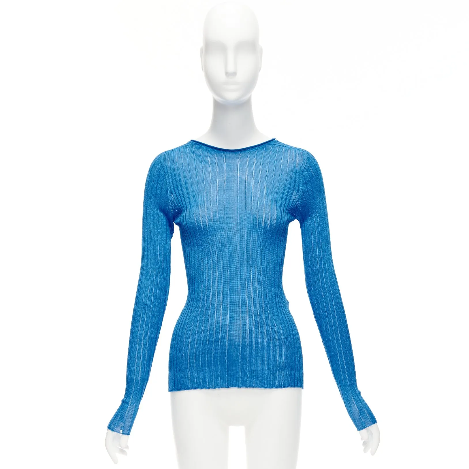 CELINE Phoebe Philo blue semi sheer viscose bateau neck ribbed sweater L