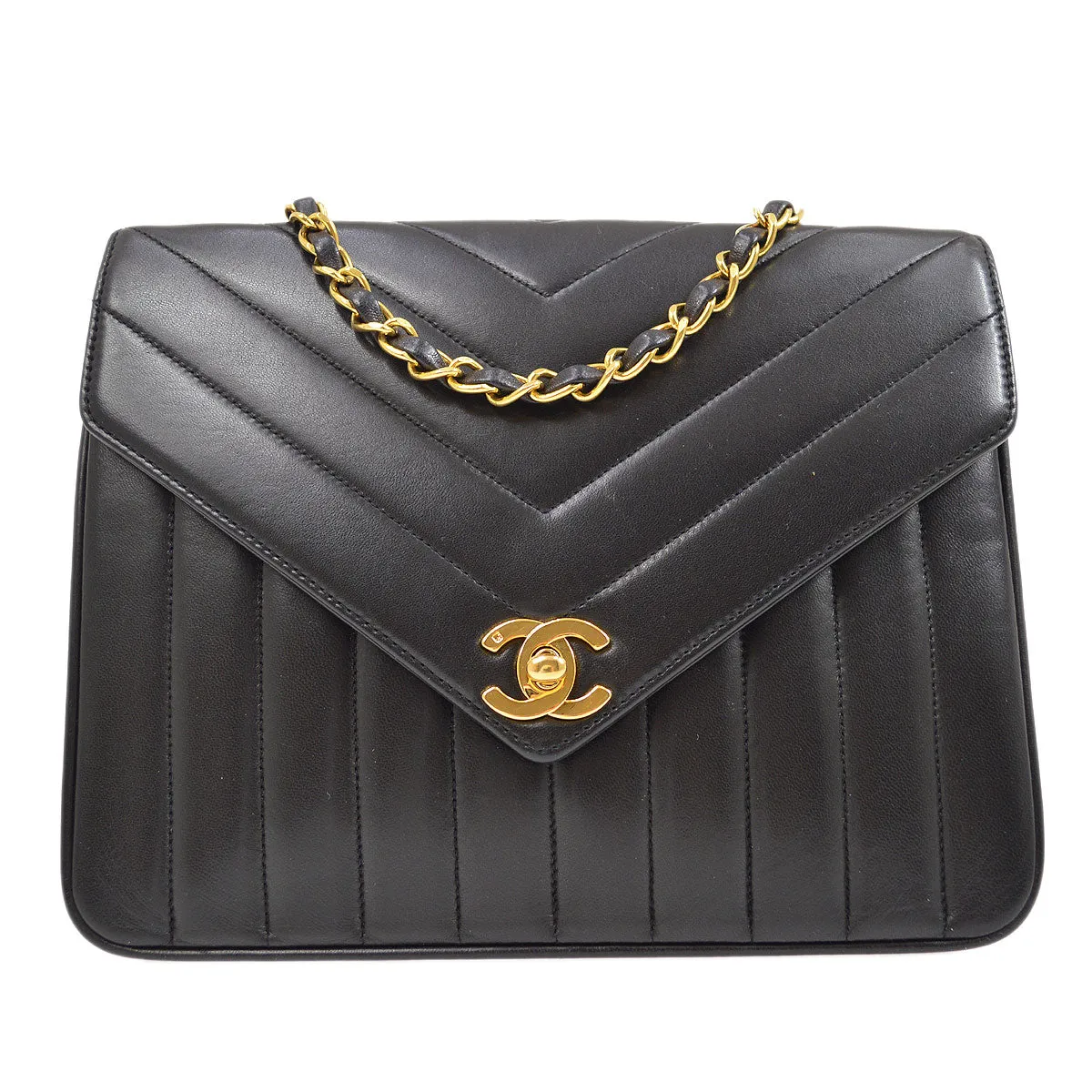 CHANEL 1991-1994 Black Lambskin Chevron Letter Flap Small 52099