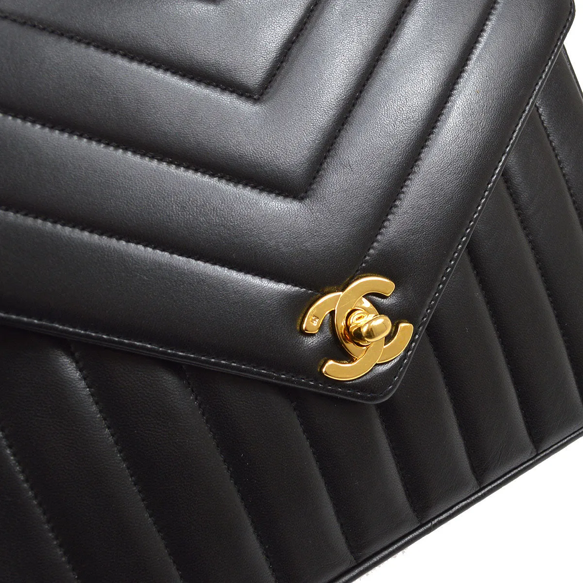 CHANEL 1991-1994 Black Lambskin Chevron Letter Flap Small 52099