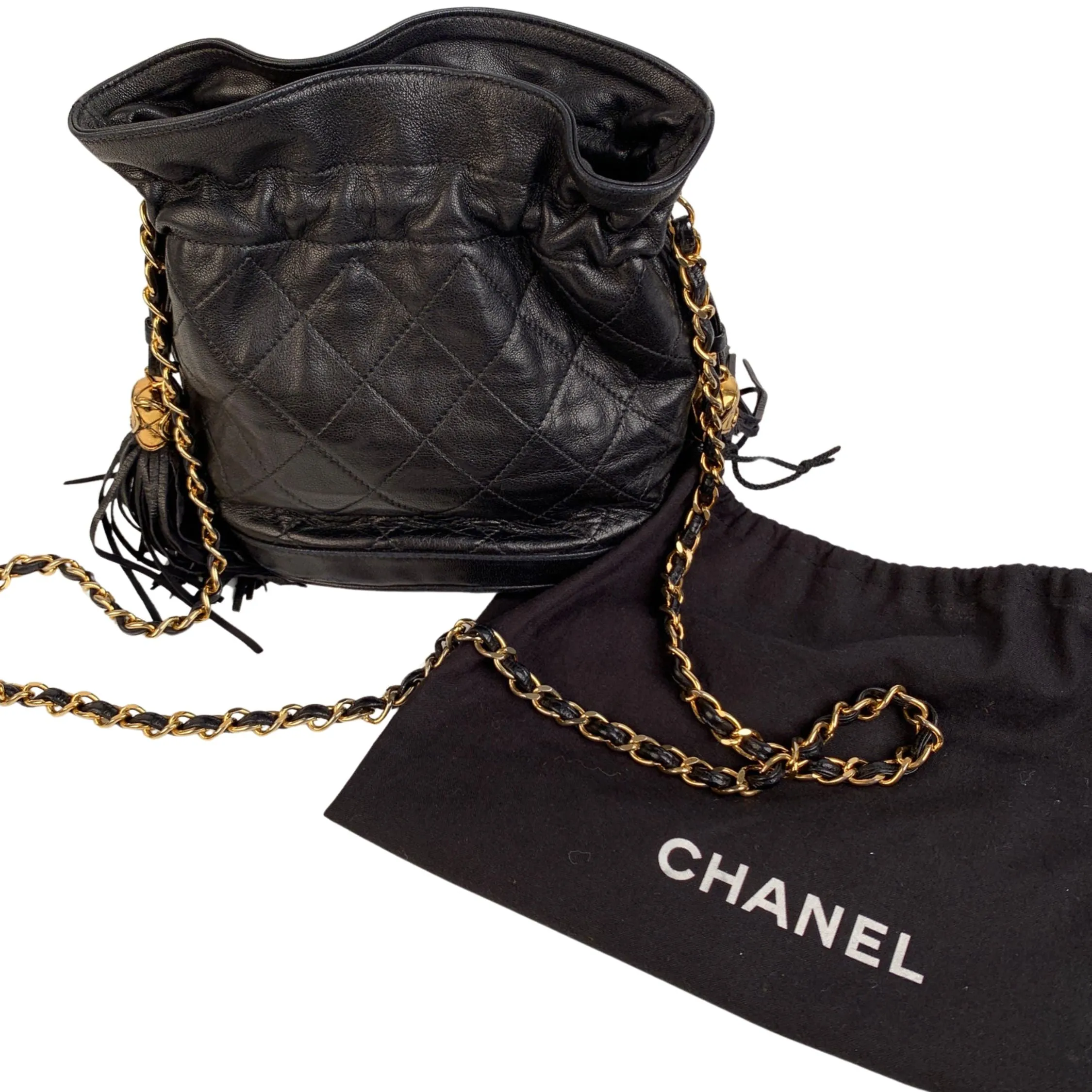 CHANEL Vintage 1989 Black Quilted Leather Small Bucket Shoulder Bag