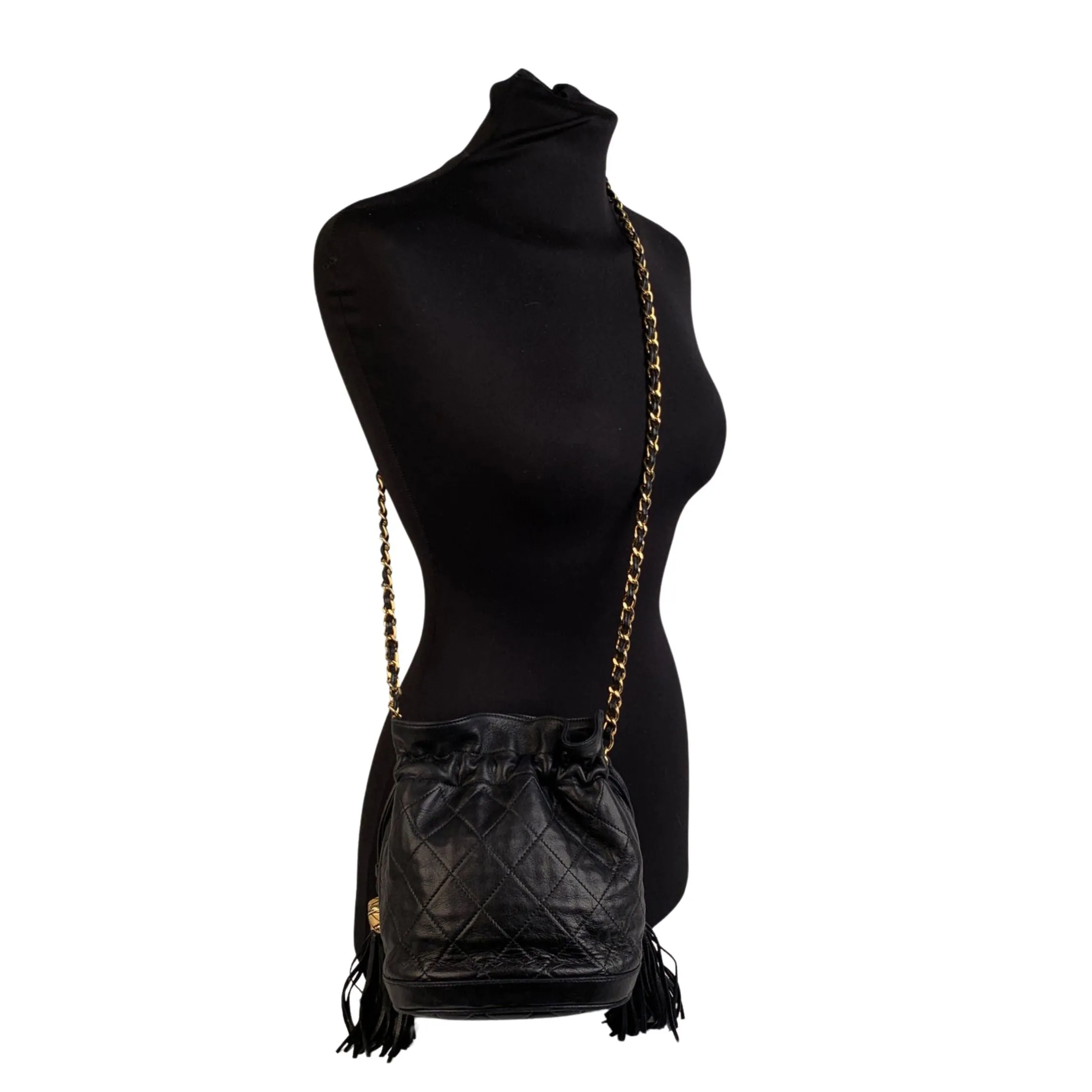 CHANEL Vintage 1989 Black Quilted Leather Small Bucket Shoulder Bag