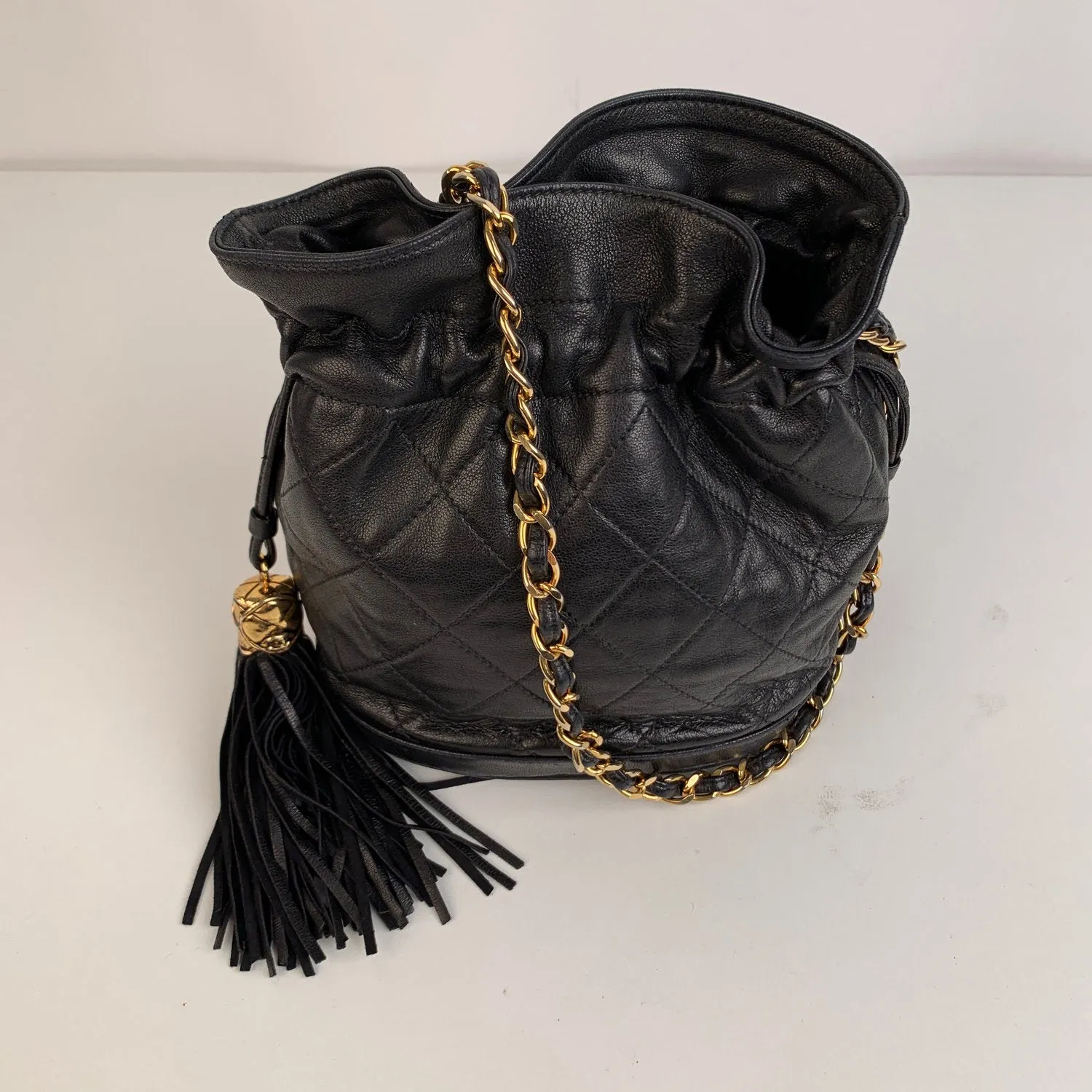 CHANEL Vintage 1989 Black Quilted Leather Small Bucket Shoulder Bag