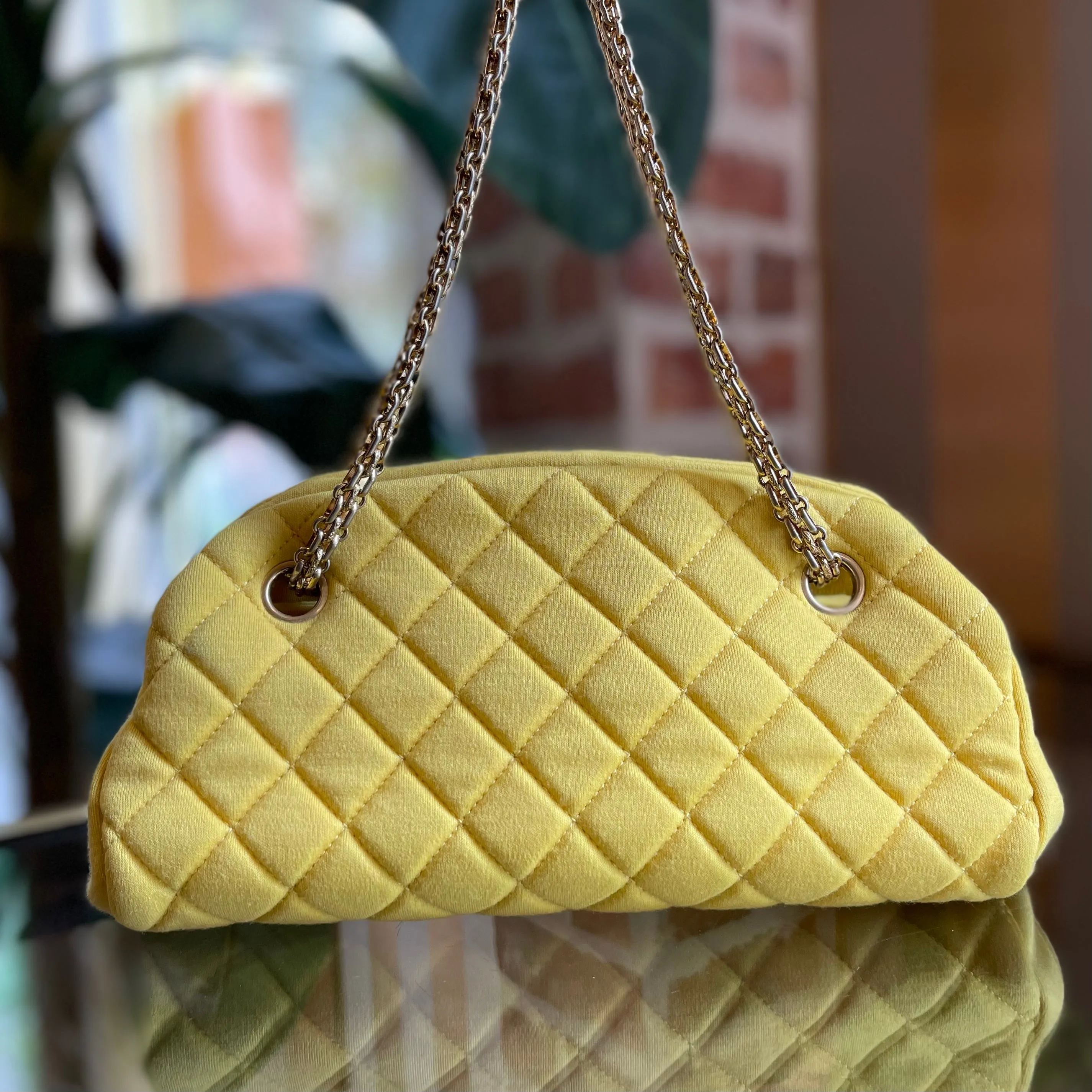 CHANEL Yellow Quilted Jersey Small Just Mademoiselle Bowling Bag