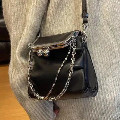 Christmas Gift Genuine Leather Chains Crossbody Bags for Women Fashion Kisslock Clip Shoulder Bag Women's Bags Casual Solid Small Women Handbag