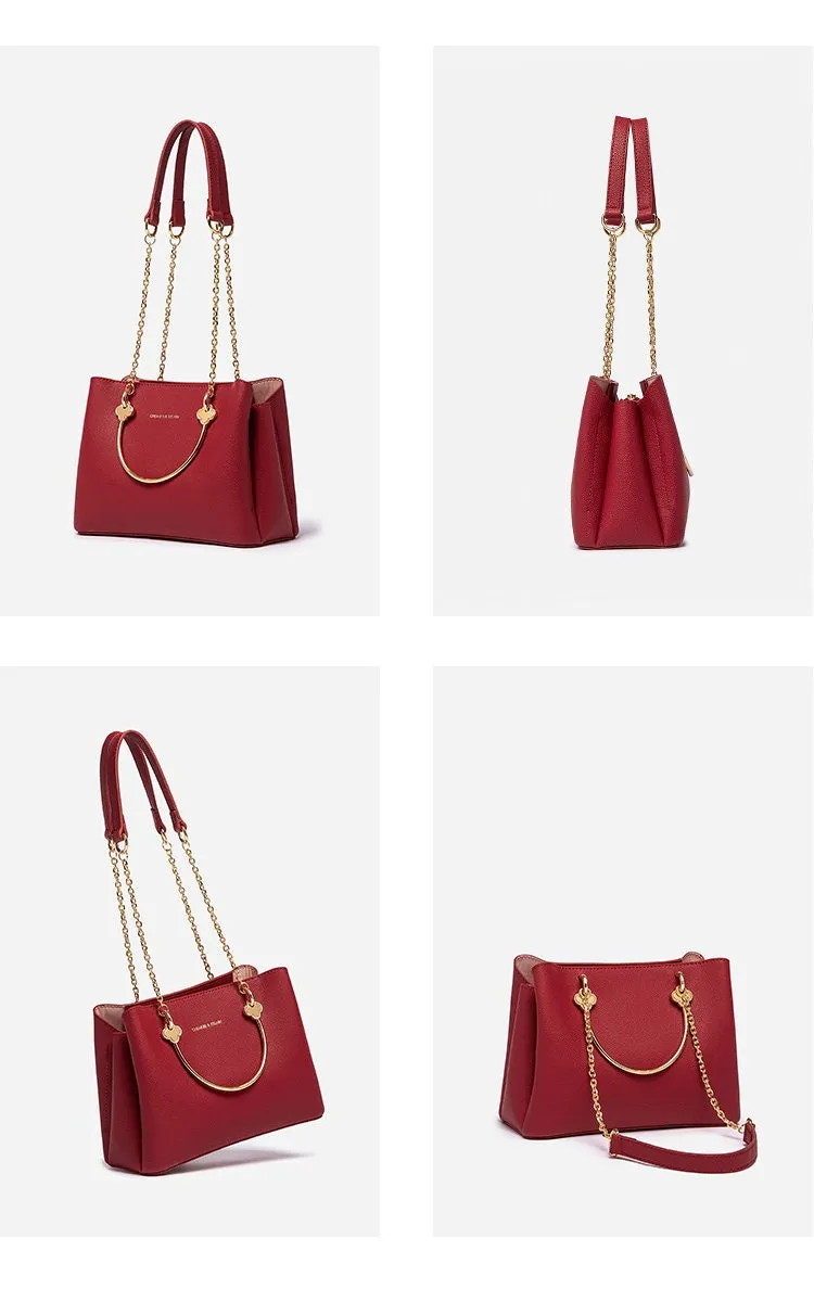 Cute Red & Gold Solid Color Minimalist Luxury Genuine Leather Metallic Gold Handle Handbag for Women, Shoulder Bag