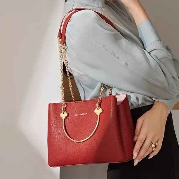 Cute Red & Gold Solid Color Minimalist Luxury Genuine Leather Metallic Gold Handle Handbag for Women, Shoulder Bag