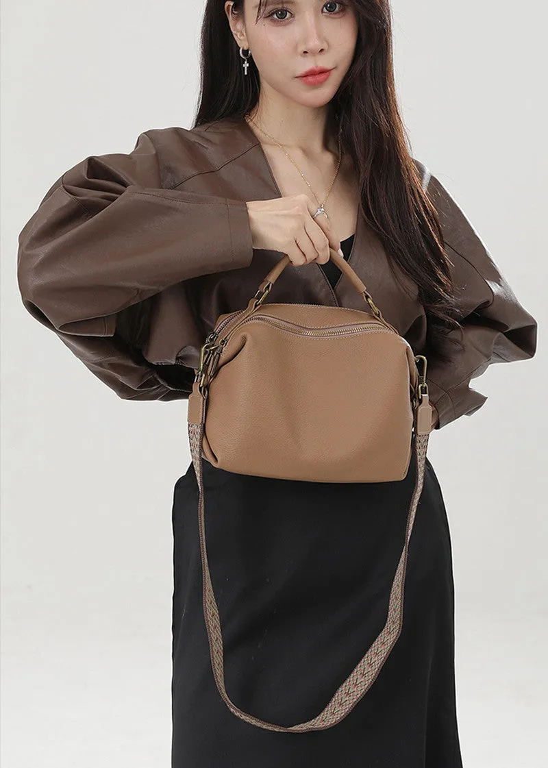 Double Zip Top Handle Leather Crossbody Bag