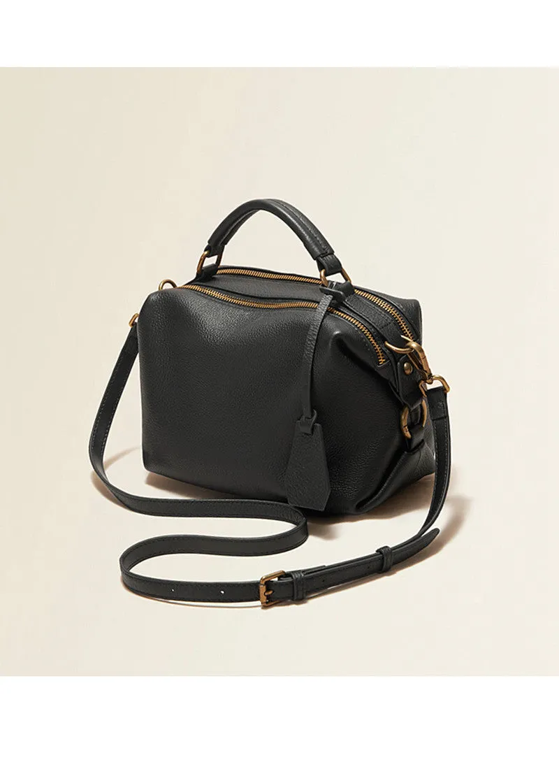 Double Zip Top Handle Leather Crossbody Bag