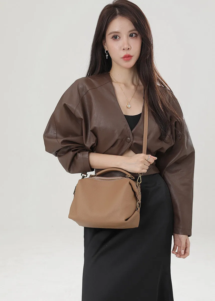 Double Zip Top Handle Leather Crossbody Bag