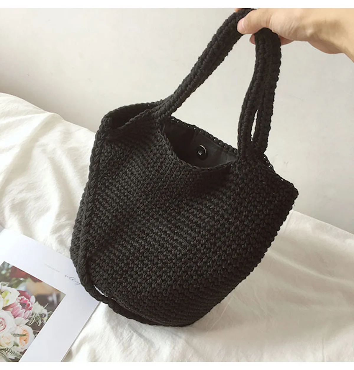 Elena Handbags Large Crochet Cotton Bucket Bag