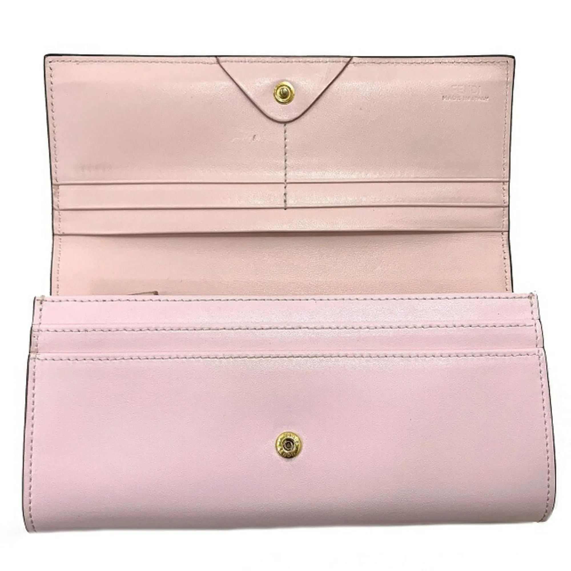 Fendi Long Bi-Fold Wallet Pink Gold Mon 8M0251 Leather GP FENDI Ladies Bugs Eye Motif Flap