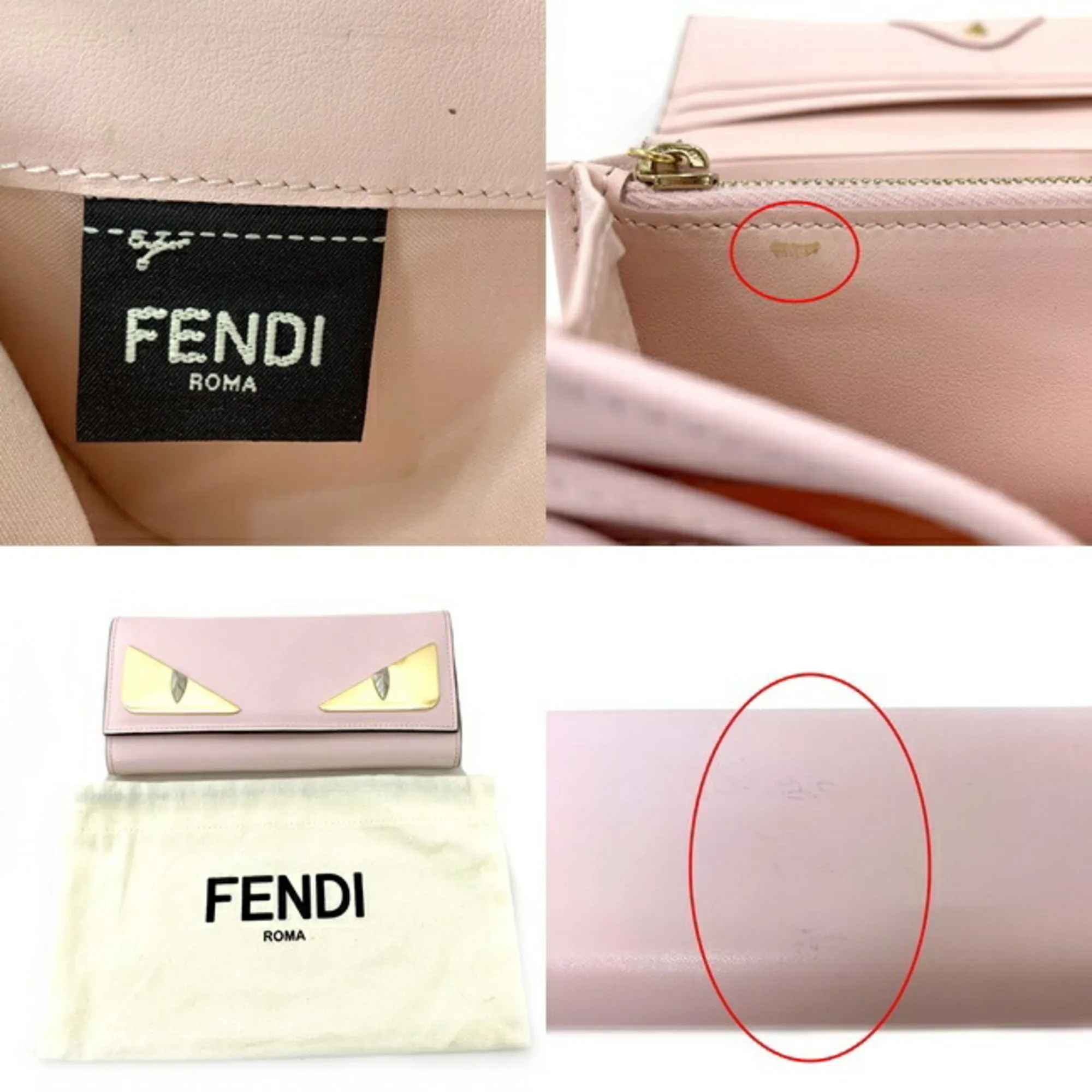 Fendi Long Bi-Fold Wallet Pink Gold Mon 8M0251 Leather GP FENDI Ladies Bugs Eye Motif Flap