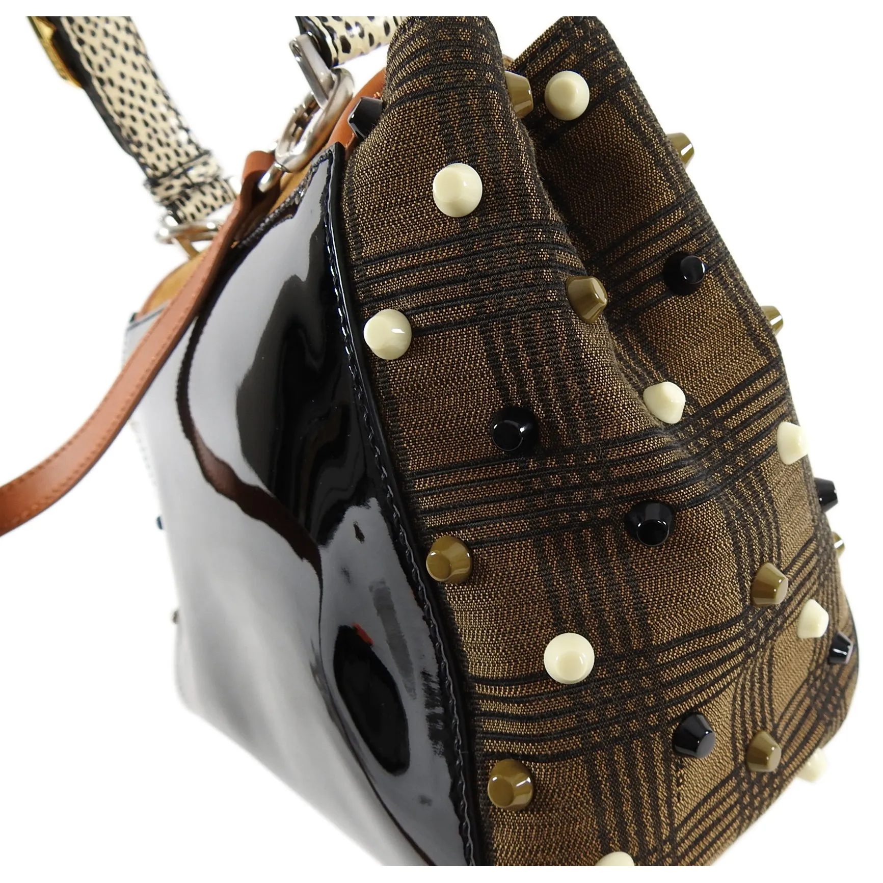 Fendi Silvana Tan Suede and Patent Tricolor Stud Bag